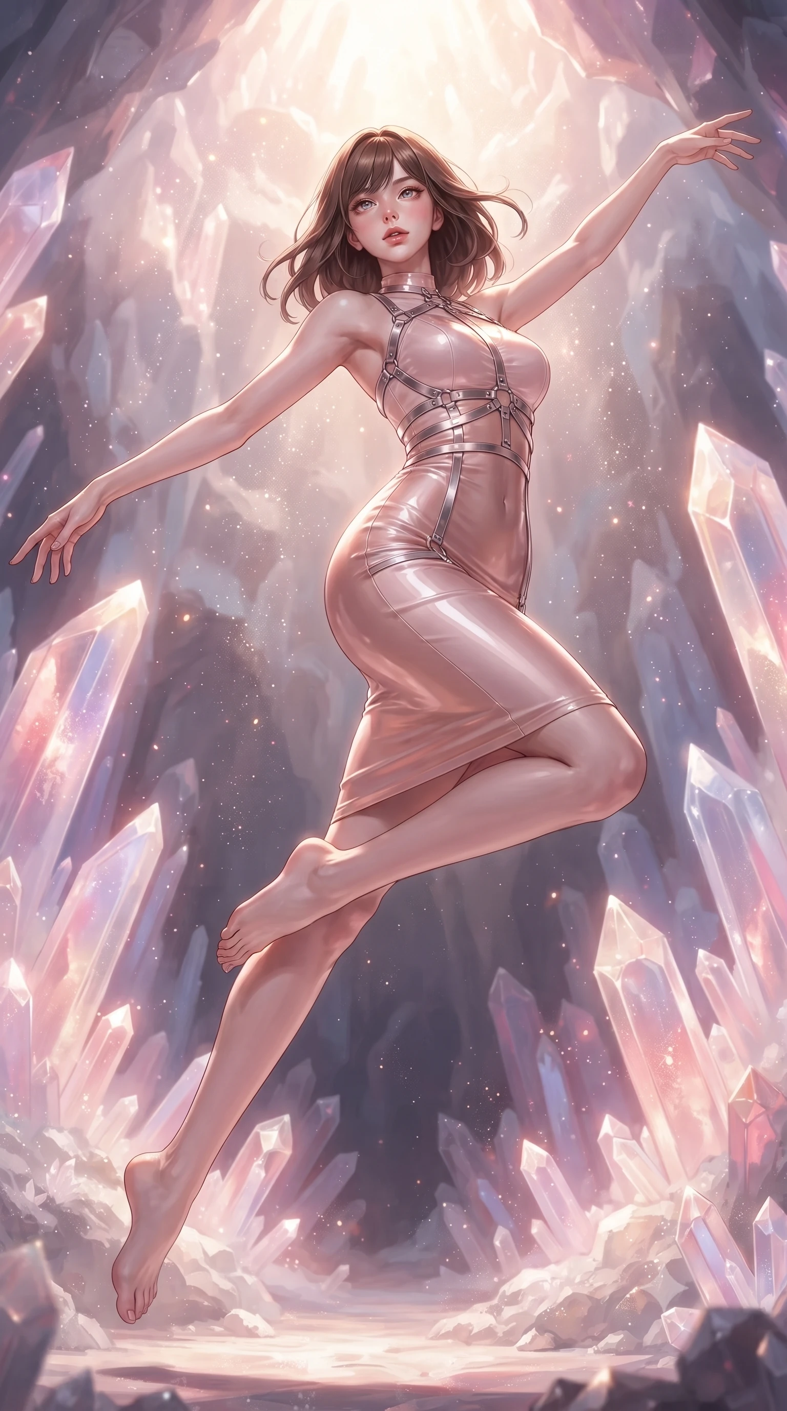 score_9, masterpiece, best quality, ultra-detailed, high-budget anime keyframe, editorial fashion photography, tasteful artistic composition, Korean woman. low angle full-body shot from head to toe showing her feet, filling the entire 9:16 vertical frame with her statuesque presence, stretching her vertical silhouette. leaping dynamically through the luminous sky, her posture full of power and elegance, inside a colossal white quartz geode cavern illuminated by glowing crystal spires, fine crystal dust sparkling in warm sunlight filtering from above. She has an absolutely perfect, statuesque 8.5-heads proportion, an exceptionally tall and slender model-like female figure with impossibly long slender legs and an ultra-slim waist. sharp v-shaped jawline, high-bridge nose, intricate jewel-like eyes with depth, thick eyelashes, glossy lips with a natural sheen. wearing precision-fitted bodycon dress in high-gloss liquid pearl vinyl in soft blush pink, made of soft rose-gold satin, highlighted by a platinum metallic harness structure, the fitted fabric emphasizing her ultra-slim waist. illuminated by radiant rose and violet prism light refracting through quartz. ultra-reflective glossy finish, specular highlights, metallic sheen, high-contrast stereoscopic depth, volumetric dynamic lighting, 2k, ultra detail, master piece, 9:16 ratio