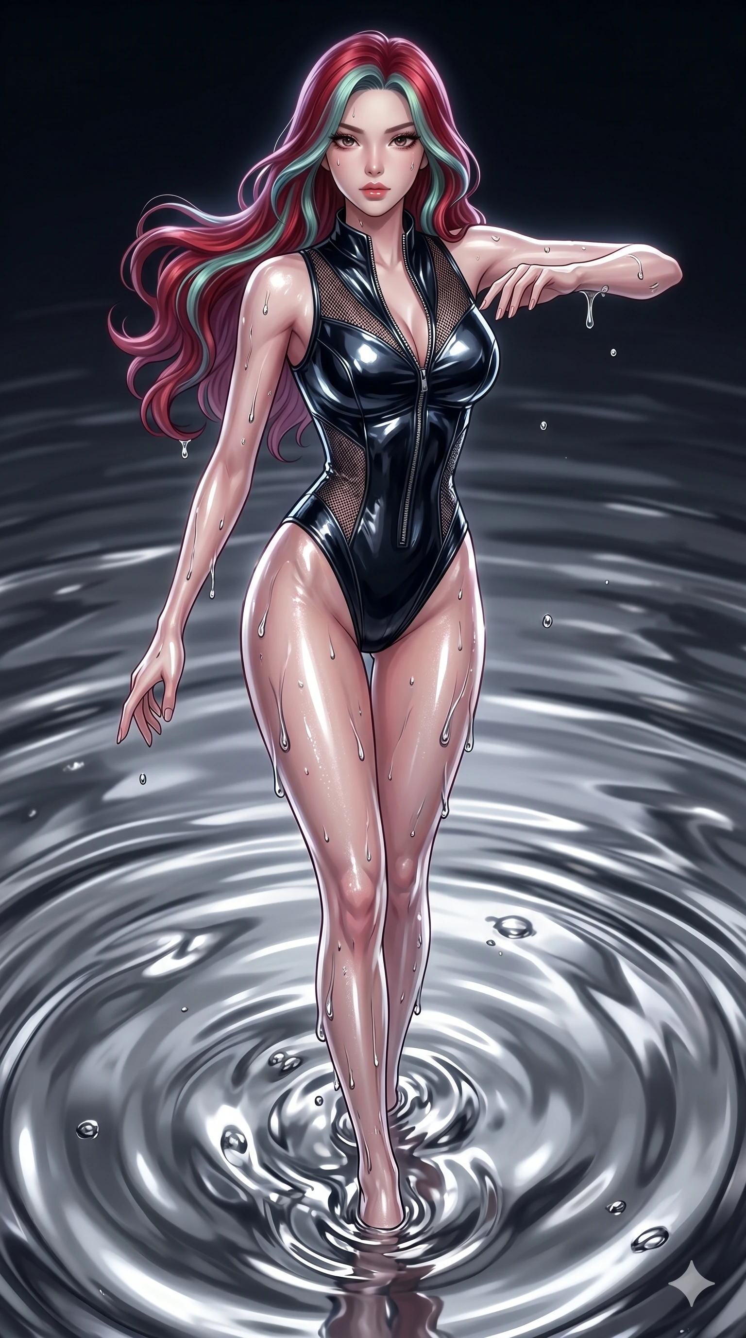 score_9, masterpiece, best quality, ultra-detailed, High-budget Anime Keyframe, East Asian woman. Dynamic full-body shot stretching the vertical silhouette to the limit. Scenario 214: Rising from a pool of mercury-like liquid, droplets rolling off her skin. Her presence is magnetic and overpowering in this high-budget anime scene. Outfit 214: A patent leather micro-mesh with a unzipped detail and wet-look texture. The clothing is designed to emphasize her exceptionally tall and slender 8-heads proportion. 8-heads proportion, towering silhouette, ultra-slim waist. sharp v-shaped jawline, intricate jewel-like eyes with depth, thick eyelashes, glossy lips. 2k, ultra detail, master piece, 9:16 ratio