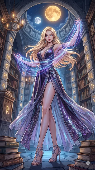 score_9, masterpiece, best quality, ultra-detailed, high-budget anime movie keyframe, cinematic anime lighting, intricate line art, Korean anime girl. Low angle cowboy shot filling the entire 9:16 frame with her statuesque presence. weaving threads o