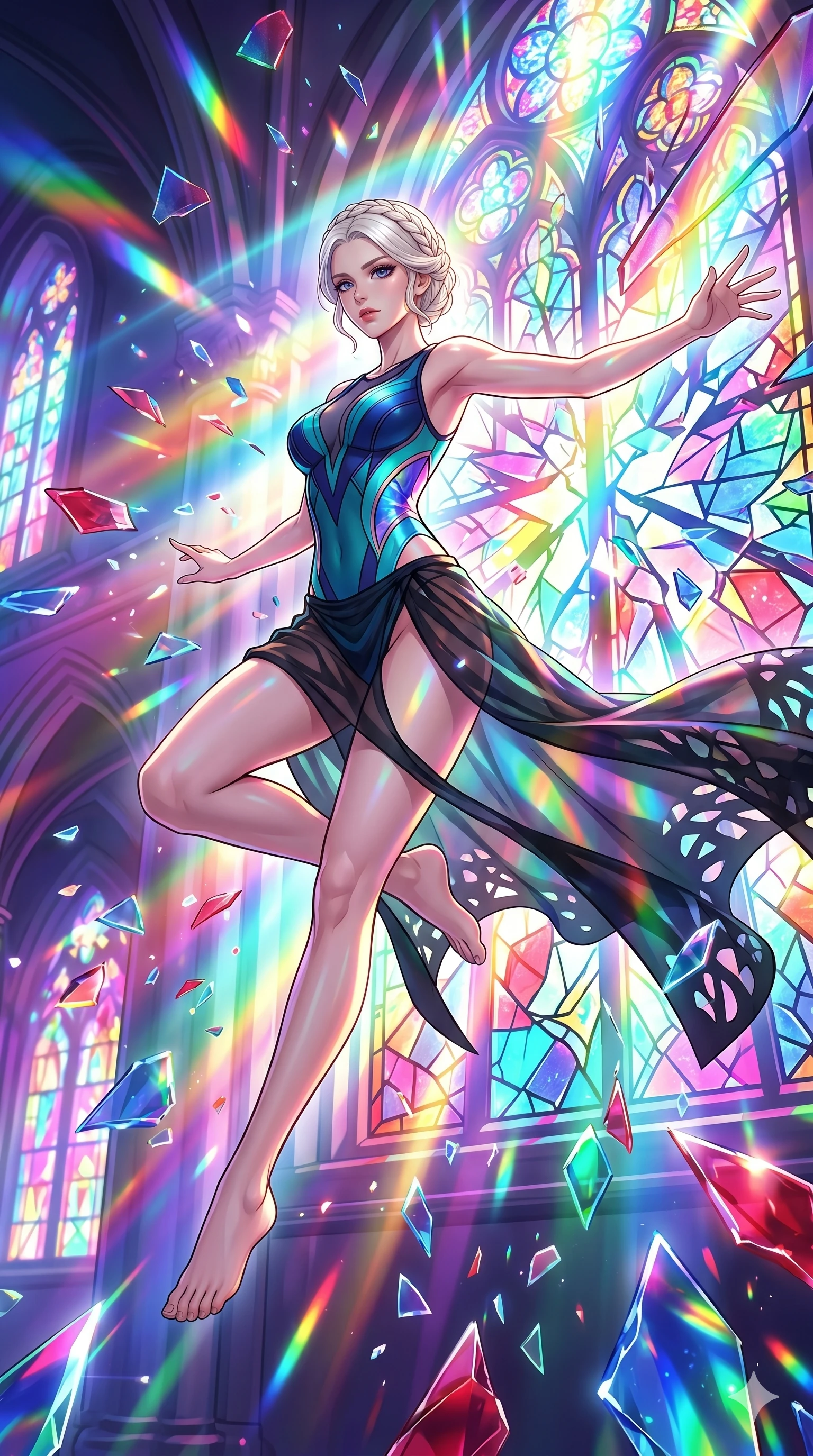 score_9, masterpiece, best quality, ultra-detailed, Set C: High-budget Anime Keyframe, Korean woman. Low angle cowboy shot filling the entire 9:16 frame with her statuesque presence. Leaping through shattered stained glass of a neon-lit cathedral with light refracting everywhere. She has an absolutely perfect 8-heads proportion, an exceptionally tall and slender female figure with elegant long slender legs and an slender waist. Sharp v-shaped jawline, high-bridge nose, intricate jewel-like eyes with depth, thick eyelashes, glossy lips. Wearing a Seasonal/Resort outfit: sleek one-piece with a sheer sarong and side accents. Background is a bright and colorful cathedral interior with rainbow light beams and floating glass shards. 2k, ultra detail, master piece, 9:16 ratio