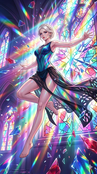 score_9, masterpiece, best quality, ultra-detailed, Set C: High-budget Anime Keyframe, Korean woman. Low angle cowboy shot filling the entire 9:16 frame with her statuesque presence. Leaping through shattered stained glass of a neon-lit cathedral wit