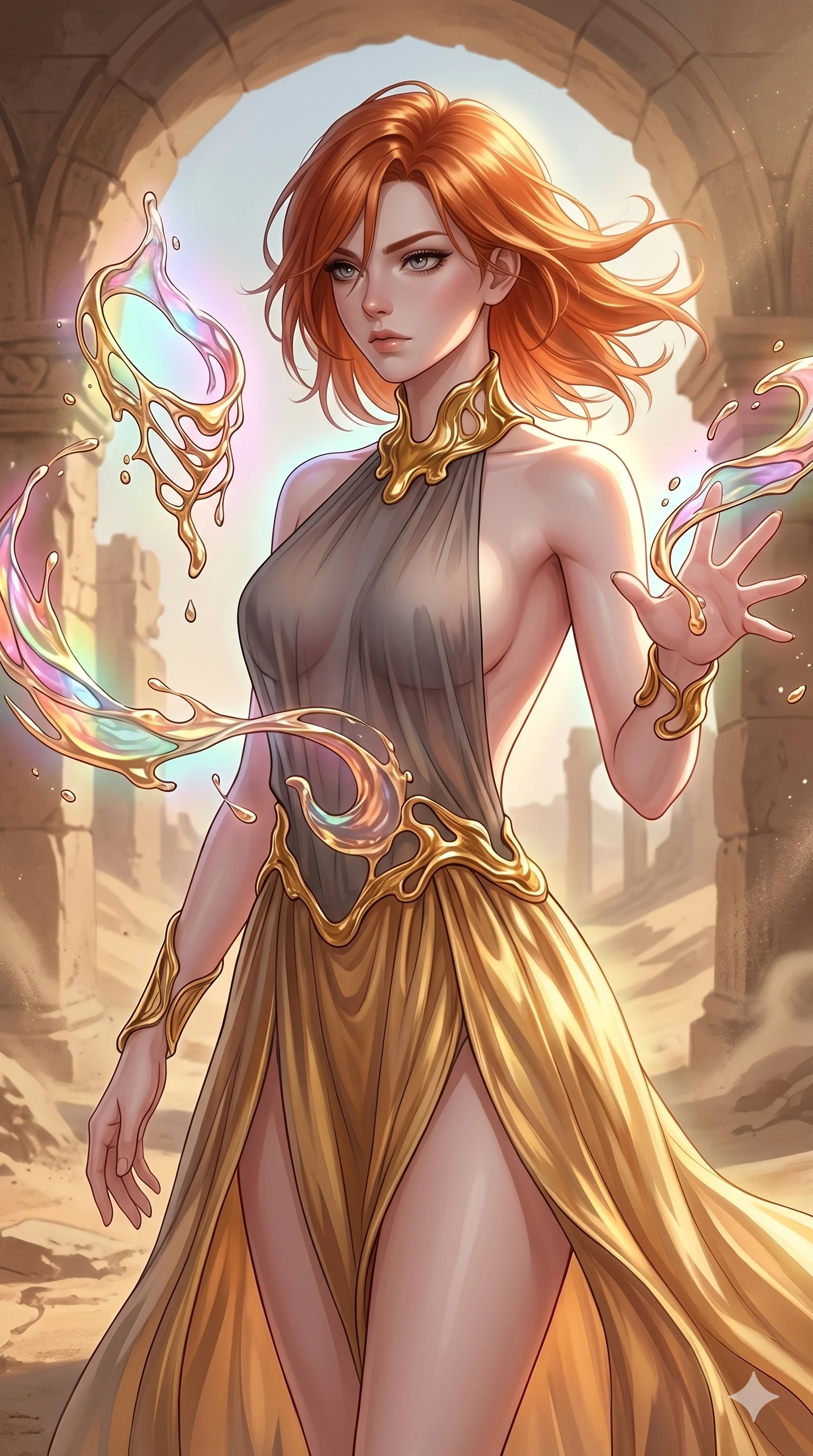 score_9, masterpiece, best quality, ultra-detailed, high-budget anime keyframe, Caucasian woman, strictly human ears. upper body close-up from the thighs up, character filling the screen for maximum presence. interacting with liquid stained-glass that melts and swirls in mid-air inside a crumbling desert ruin, the fluid jewelry floating in suspension. She has an absolutely perfect 8-heads proportion, an exceptionally tall and slender female figure with impossibly long slender legs and an ultra-slim waist. V-shaped jawline, high-bridge nose, intricate jewel-like eyes with depth, thick eyelashes, glossy lips with a natural sheen.. wearing a molten gold and chiffon gown, featuring organic liquid gold collar and cuffs on a translucent charcoal-gray halter neck chiffon gown with a deep backless design. enhanced by a luminous pastel spectrum glow, casting elegant rim lights on her shoulders and jawline. 2k, ultra detail, master piece, 9:16 ratio