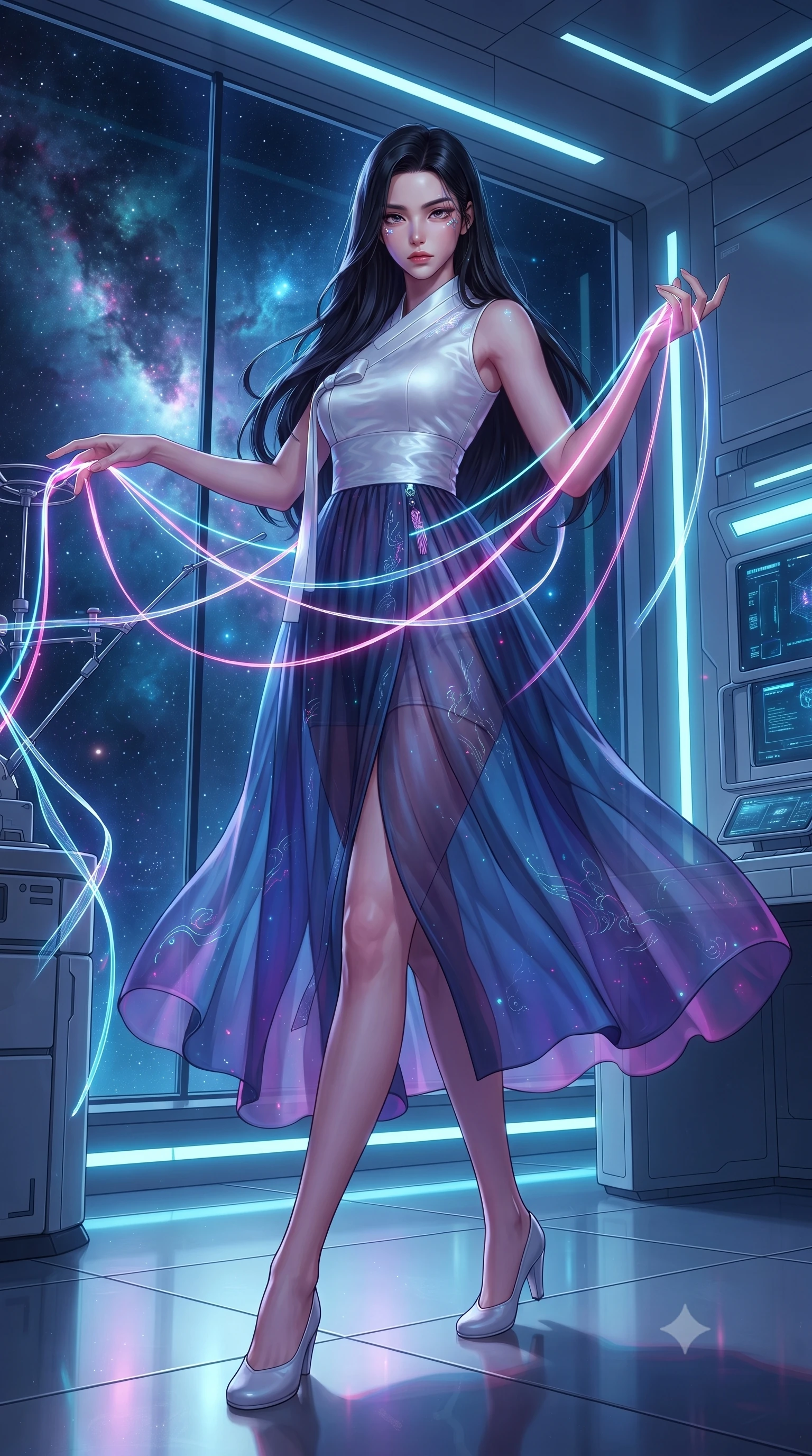 score_9, masterpiece, best quality, ultra-detailed, high-budget anime keyframe, editorial fashion photography, tasteful artistic composition, Korean woman. low angle full-body shot from head to toe showing her feet, filling the entire 9:16 vertical frame with her statuesque presence, stretching her vertical silhouette. interacting gracefully with the magical floating elements while maintaining a confident posture threading neon fiber-optic ribbons in a futuristic laboratory room, starlight and cosmic nebula clouds glowing through the floor-to-ceiling glass. She has an absolutely perfect, statuesque 8.5-heads proportion, an exceptionally tall and slender model-like female figure with impossibly long slender legs and an ultra-slim waist. sharp v-shaped jawline, high-bridge nose, intricate jewel-like eyes with depth, thick eyelashes, glossy lips with a natural sheen. wearing a modern fusion silk hanbok dress with a structured bodice and flowing chiffon skirt, the tailored fabric tightly following every curve of her athletic build. surrounded by a crisp high-tech illumination highlighting every sleek curve. highly saturated vibrant anime colors, detailed shading with soft gradients, rich glossy textures, high-contrast stereoscopic depth, volumetric dynamic lighting, master piece, 9:16 ratio