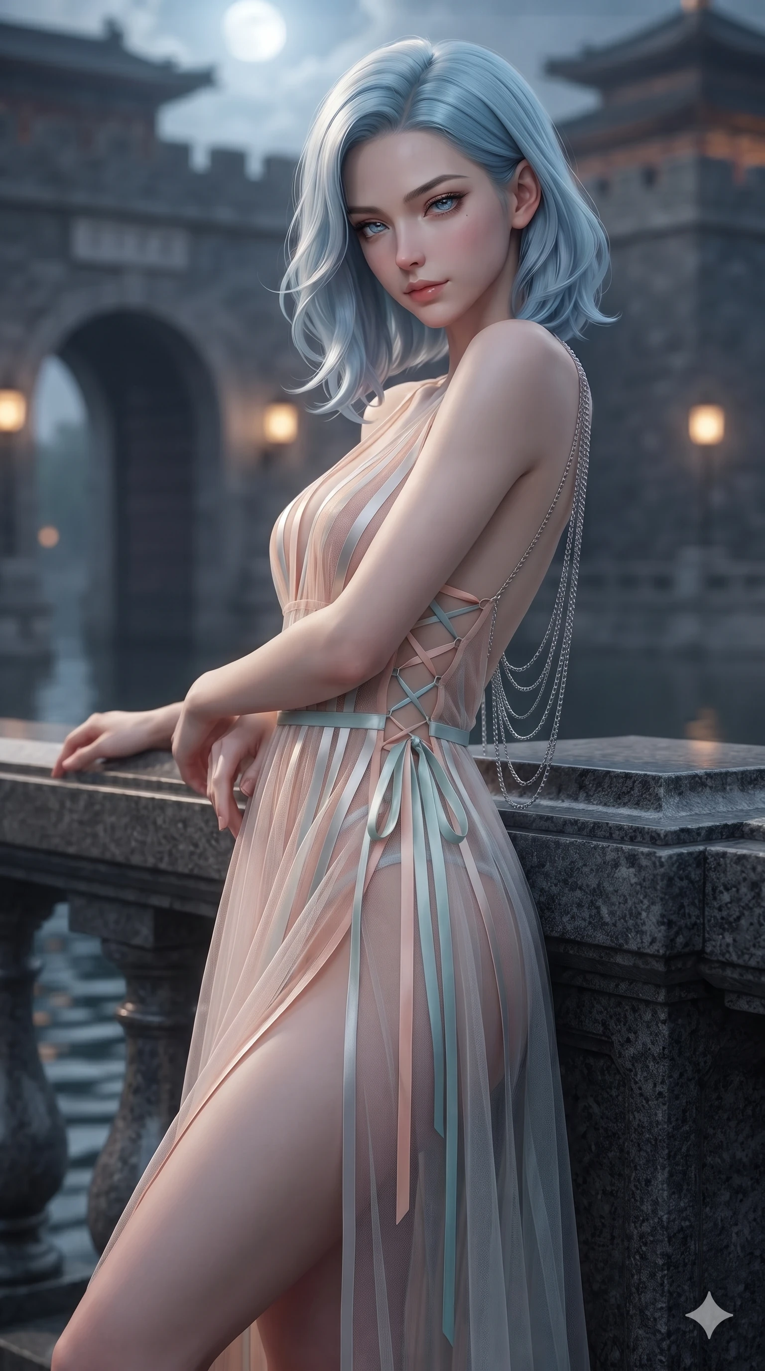 score_9, masterpiece, best quality, ultra-detailed, high-budget anime keyframe, editorial fashion photography, tasteful artistic composition, Korean woman. close-up cowboy shot from the waist and thighs up, the character dominates the composition, filling the frame with her large presence. leaning back against the balustrade with relaxed seductive grace, head tilted back slightly while casting a hypnotic, heavy-lidded gaze while standing poised on the submerged granite pier of the palace water gate, arching her spine with sovereign supermodel grace. The background shows a soft-focus massive arched stone water gates, palace fortress walls, and rippling moat waters blurred into granite gray, cobalt, and gold bokeh. She has an exceptionally elegant, slender, and willowy female figure with an ultra-slim waist, flat toned midriff, narrow ribcage, and sculpted feminine hips creating an alluring, slim hourglass silhouette without bulk. sharp v-shaped jawline, high-bridge nose, sparkling eyes with hypnotic seductive depth, thick curled eyelashes, glossy parted lips with a natural dewy peach sheen, alluring bedroom-eyes with an enchanting coquettish smile, exuding magnetic siren charisma and sophisticated glamour, flawlessly proportioned anatomical accuracy, strict slender model proportions, natural body alignment, perfectly sculpted long slender limbs, ultra-slim waistline, clean dynamic posture without body distortion. wearing a plunge-front sheer illusion tulle slip dress with liquid platinum ribbon stripes and silk otgoreum ties hugging her curves in pastel peach blossom and celadon porcelain blue, featuring fine criss-cross lace-up side ties revealing tantalizing glimpses of her hip curve, accented with an open-back drape framed by falling strands of delicate chrome chains, the high-slit wrap tailoring accentuating her ultra-slim waistline and the enchanting curve of her feminine hips with alluring seductive charm. bathed in celestial full-moon light contrasting with warm architectural gate lanterns. ultra-reflective glossy finish, specular highlights, rich textural contrasts, high-contrast stereoscopic depth, volumetric dynamic lighting, 2k, ultra detail, master piece, 9:16 ratio