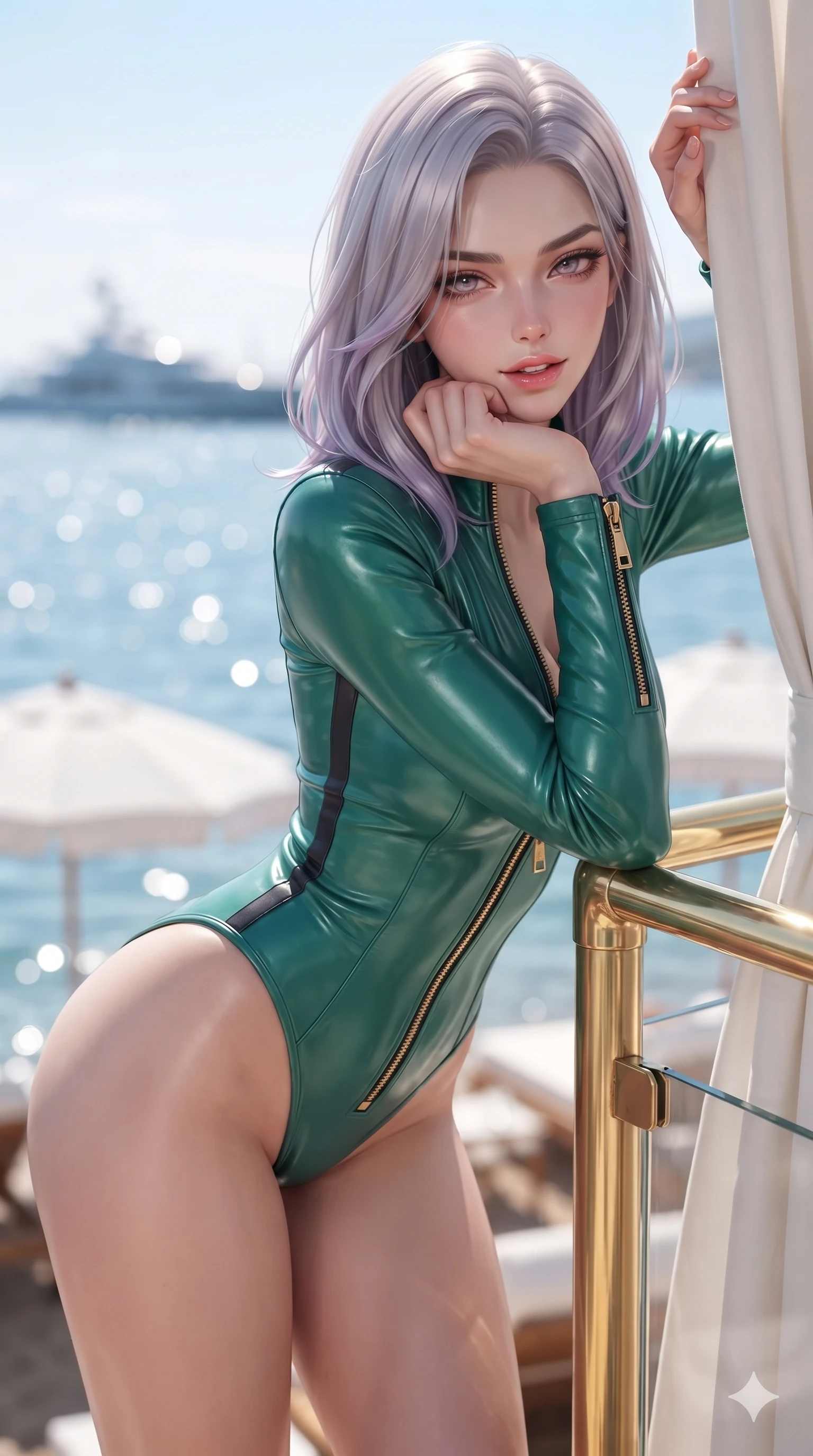 score_9, masterpiece, best quality, ultra-detailed, high-budget anime keyframe, editorial fashion photography, tasteful artistic composition, Caucasian woman. close-up cowboy shot from the waist and thighs up, the character dominates the composition, filling the frame with her large presence. resting one elbow on the yacht railing and supporting her chin, leaning close to the camera with heavy-lidded sparkling eyes and parted lips while standing tall beside the white linen cabana pillar, one hand resting high while arching her lower back to emphasize her sculpted feminine hips and slender waist. The background shows a soft-focus the sparkling sapphire bay of Pampelonne, distant mega-yachts, and white parasols blurred into azure, champagne, and gold bokeh. She has an exceptionally elegant, slender, and willowy female figure with an ultra-slim waist, flat toned midriff, narrow ribcage, and sculpted feminine hips creating an alluring, slim hourglass silhouette without bulk. sharp v-shaped jawline, high-bridge nose, sparkling eyes with hypnotic seductive depth, thick curled eyelashes, glossy parted lips with a natural dewy peach sheen, alluring bedroom-eyes with an enchanting coquettish smile, exuding magnetic siren charisma and sophisticated glamour, flawlessly proportioned anatomical accuracy, strict slender model proportions, natural body alignment, perfectly sculpted long slender limbs, ultra-slim waistline, clean dynamic posture without body distortion. wearing a form-contouring wet-look neoprene zip-front surfing bodysuit with high-cut leg openings and racing side stripes in emerald sea green and polished titanium, woven from buttery-soft stretch lambskin leather adhering to her body like a second skin, finished with sleek heavy-duty brass anchor zip pulls and nautical hardware, the bespoke structured tailoring following the natural line of her 8.5-heads silhouette with refined elegance. illuminated by fine white sand reflection bounce and sharp champagne-gold rim lights sculpting her razor-sharp jawline, narrow waist, and curvy hips. ultra-reflective glossy finish, specular highlights, rich textural contrasts, high-contrast stereoscopic depth, volumetric dynamic lighting, 2k, ultra detail, master piece, 9:16 ratio