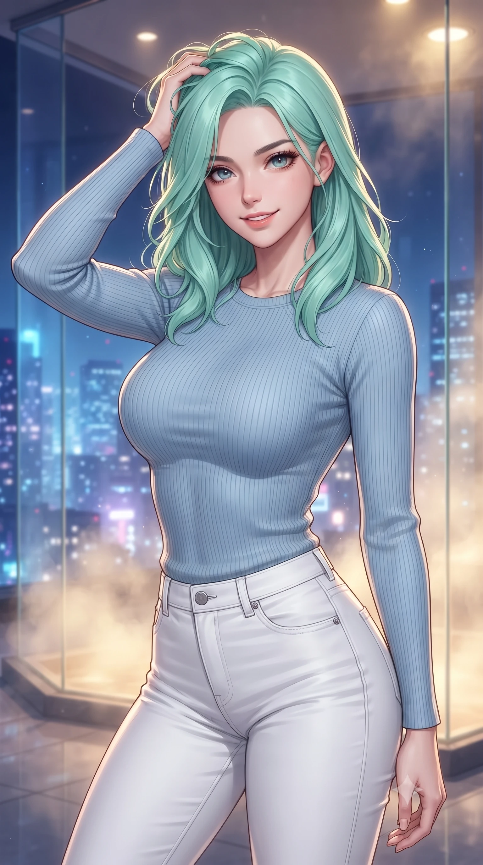 score_9, masterpiece, best quality, ultra-detailed, high-budget anime keyframe, editorial fashion photography, tasteful artistic composition, Japanese woman woman. close-up cowboy shot from the waist and thighs up, the character dominates the composition, filling the frame with her large presence, background elements kept in soft focus. smiling with quiet, magnetic self-assurance directly into the camera, running a hand through her hair the background shows a soft-focus a high-rise private steam room with glass walls overlooking the city lights at night. She has an exceptionally elegant, slender, and willowy female figure with an ultra-slim waist, a gracefully sculpted slender torso, and a refined silhouette. sharp v-shaped jawline, high-bridge nose, intricate jewel-like eyes with depth, thick eyelashes, glossy lips with a natural sheen. wearing a slim-fit body-hugging light blue ribbed long-sleeve top paired with tight white denim pants. glittering blue and violet city skyline lights contrasting with warm steam glow. ultra-reflective glossy finish, specular highlights, metallic sheen, high-contrast stereoscopic depth, volumetric dynamic lighting, 2k, ultra detail, master piece, 9:16 ratio