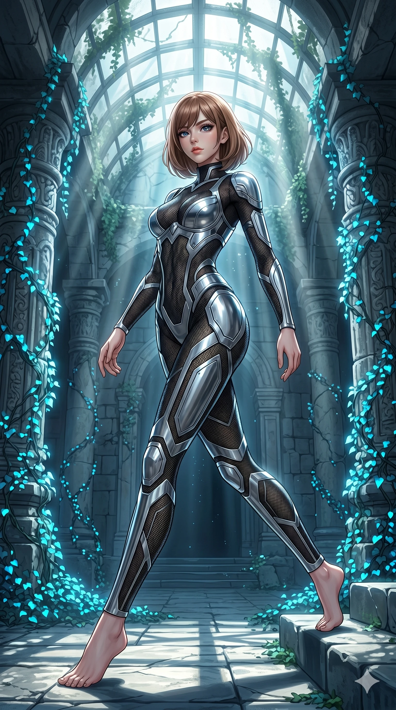 score_9, masterpiece, best quality, ultra-detailed, high-budget anime keyframe, editorial fashion photography, tasteful artistic composition, Caucasian woman, strictly human ears. low angle full-body shot from head to toe showing her feet, filling the entire 9:16 vertical frame with her statuesque presence, stretching her vertical silhouette. Executing a dynamic turning step with one leg extended behind amidst a sanctuary of ancient stone ruins wrapped in glowing blue ivy. She has an absolutely perfect 8-heads proportion, an exceptionally tall and slender female figure with impossibly long slender legs and an ultra-slim waist. V-shaped jawline, high-bridge nose, intricate jewel-like eyes with depth, thick eyelashes, glossy lips with a natural sheen. wearing a full-length catsuit in black technical mesh with strategic silver-chrome panel plates covering the chest and hips in an architectural pattern. drenched in cinematic god-ray sunlight descending from a vaulted glass ceiling, illuminating her form. 2k, ultra detail, master piece, 9:16 ratio