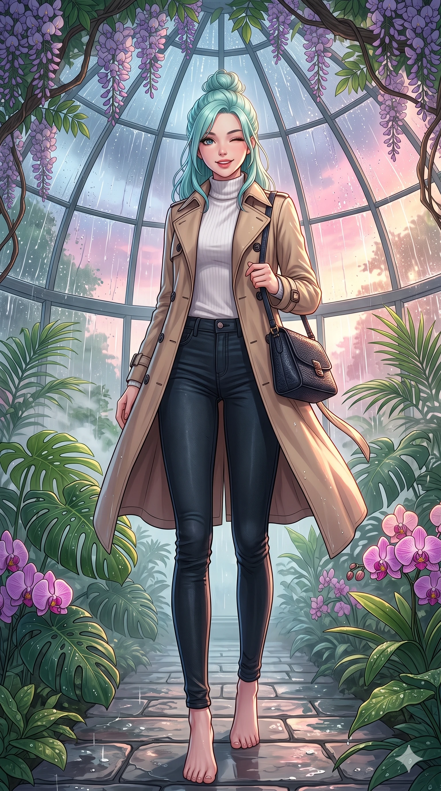 score_9, masterpiece, best quality, ultra-detailed, high-budget anime keyframe, vibrant anime aesthetic, Japanese woman. low angle full-body shot from head to toe showing her feet, filling the entire 9:16 vertical frame with her statuesque presence, stretching her vertical silhouette. She is standing under wisteria vines, winking with a cheerful and lively face, looking directly into the lens surrounded by fresh morning mist. inside a glass greenhouse dome filled with tropical monstera and orchids, with heavy rain pouring outside on the glass panels (Code-P22-031). She has an absolutely perfect 8-heads proportion, an exceptionally tall and slender female figure with impossibly long slender legs and an ultra-slim waist. V-shaped jawline, high-bridge nose, intricate jewel-like eyes with depth, thick eyelashes, glossy lips with a natural sheen. wearing a classic beige trench coat over a white turtleneck sweater and dark skinny jeans with a designer bag. She is lit by vibrant twilight sky reflections, tracing her shoulders and neckline, outlining her perfect 8-heads proportion during a refreshing sun shower. 2k, ultra detail, master piece, 9:16 ratio