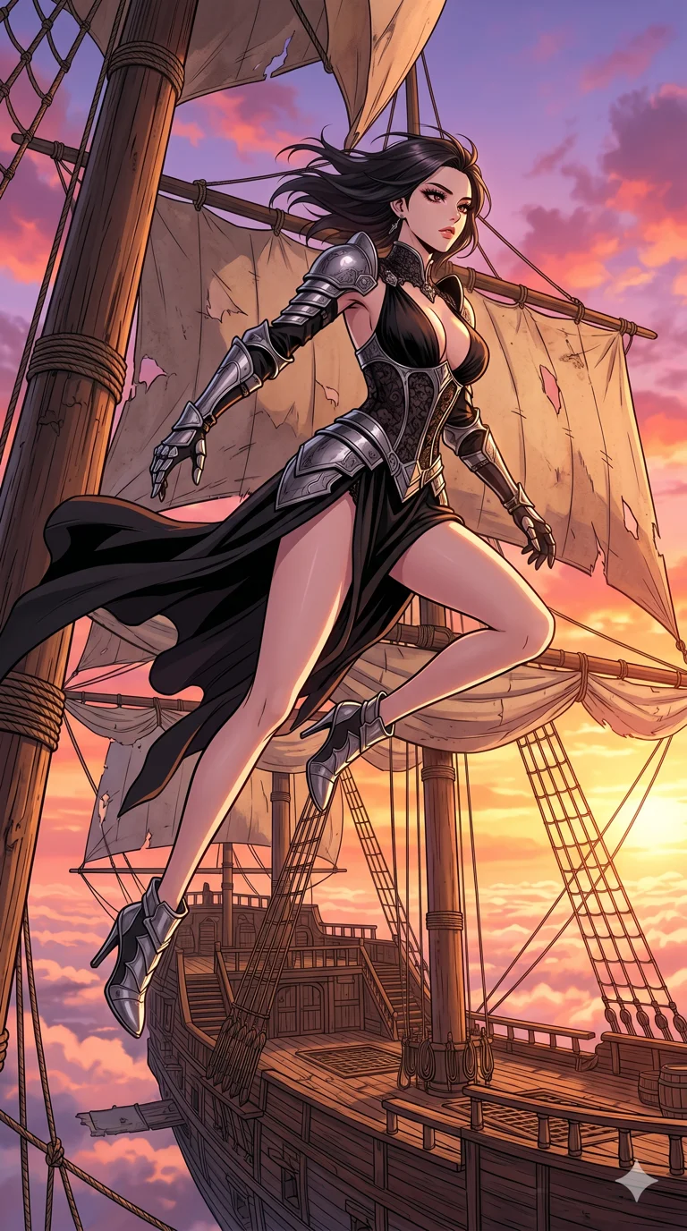 score_9, masterpiece, best quality, ultra-detailed, High-budget Anime Keyframe, beautiful Korean anime girl. Low angle cowboy shot filling the entire 9:16 frame with her statuesque presence. Leaping across the sails of a giant airship in the clouds at sunset. She has an absolutely perfect 8-heads proportion, an exceptionally tall and slender female figure with impossibly long slender legs and an ultra-slim waist. Sharp v-shaped jawline, high-bridge nose, intricate jewel-like eyes with depth, thick eyelashes, glossy lips with a natural sheen. Wearing a Dark Fantasy outfit: gothic black lace corset gown with silver armor and a plunging neckline. Background is a bright and colorful sky with vibrant orange clouds and a wooden airship deck. 2k, ultra detail, master piece, 9:16 ratio