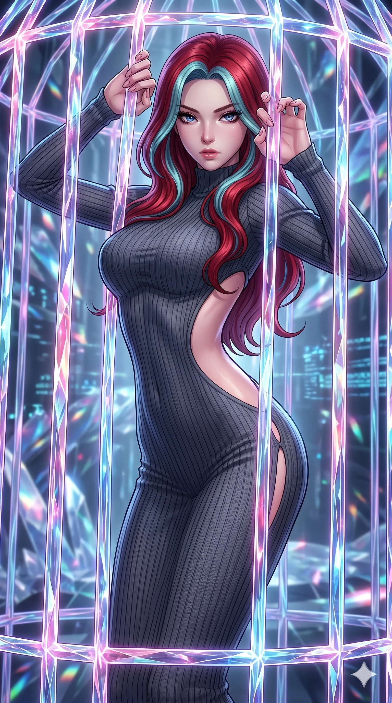 score_9, masterpiece, best quality, ultra-detailed, High-budget Anime Keyframe, East Asian woman. Dynamic full-body shot stretching the vertical silhouette to the limit. Scenario 202: Trapped in a cage of glowing crystalline fibers, body pressing against the bars. Her presence is magnetic and overpowering in this high-budget anime scene. Outfit 202: A ribbed bodycon knit second with a strategic side cut-outs and tight-fitting silhouette. The clothing is designed to emphasize her exceptionally tall and slender 8-heads proportion. 8-heads proportion, towering silhouette, ultra-slim waist. sharp v-shaped jawline, intricate jewel-like eyes with depth, thick eyelashes, glossy lips. 2k, ultra detail, master piece, 9:16 ratio