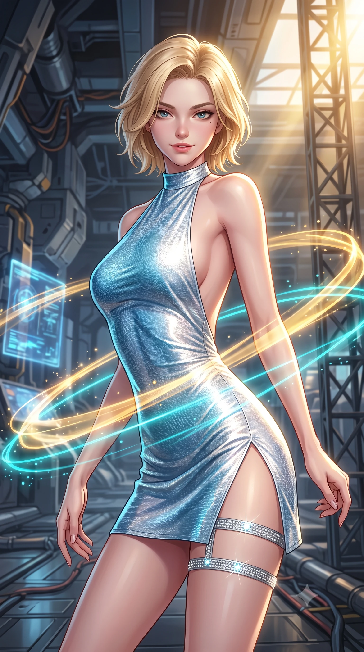 score_9, masterpiece, best quality, ultra-detailed, high-budget anime keyframe, semi-realistic 3D game render, editorial fashion photography, tasteful artistic composition, Caucasian woman. close-up cowboy shot from the waist and thighs up, the character dominates the composition, filling the frame with her large presence. leaning forward while arching her lower back to accentuate her curvy hips, looking into the camera with an intoxicating smoldering gaze and bedroom-eyes while twisting her slender torso in an alluring S-curve, golden plasma ribbons and cyan laser containment fields criss-crossing across her flat midriff and hourglass curves. The surrounding environment is rendered in vivid detail and crisp panoramic clarity: detailed anime styling, glossy highlights, and monumental fusion energy craft in high resolution. She has an exceptionally elegant, slender, and willowy female figure with an ultra-slim waist, flat toned midriff, narrow ribcage, and sculpted feminine hips creating an alluring, slim hourglass silhouette without bulk. sharp v-shaped jawline, high-bridge nose, intricate jewel-like sparkling eyes with depth, thick eyelashes, glossy parted lips with a natural peach sheen, bright cheerful beaming smile with an enchanting and coquettish sensual glint, exuding both youthful cute charm and seductive allure, flawlessly proportioned anatomical accuracy, strict slender model proportions, natural body alignment, perfectly sculpted long slender limbs, ultra-slim waistline, clean dynamic posture without body distortion. wearing an alluring backless metallic lamé combat halter mini dress with deep open back down to her lower spine and thigh-high slit in arctic cryo-glacier ice blue and platinum white, woven from stretch metallic lurex jersey casting radiant starlight glints across her curves, finished with delicate crystal-encrusted thigh garter straps glinting in the dim light, the liquid-tight tailored fabric clinging flawlessly to her narrow waist and rounded feminine hips, emphasizing every millimeter of her sculpted slim hourglass curves without any bulky heaviness. illuminated by gantry reflection bounce and sharp sunburst-gold rim lights defining her jawline, narrow waist, and curvy hips. highly saturated vibrant anime colors, detailed shading with soft gradients, rich glossy textures, high-contrast stereoscopic depth, volumetric dynamic lighting, master piece, 9:16 ratio