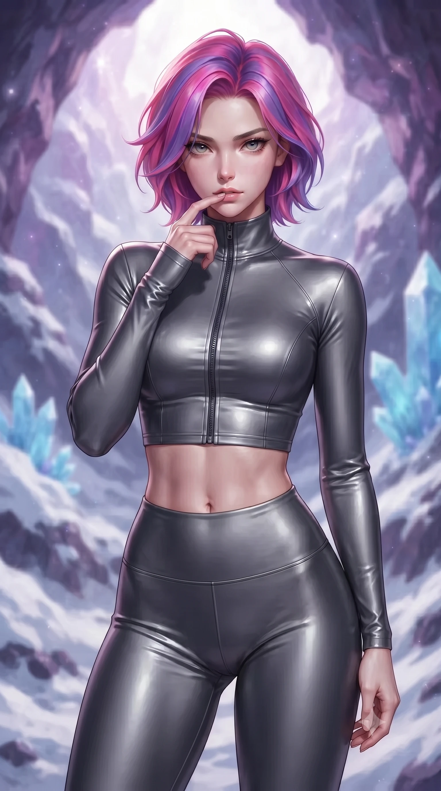 score_9, masterpiece, best quality, ultra-detailed, high-budget anime keyframe, editorial fashion photography, tasteful artistic composition, Caucasian woman. close-up cowboy shot from the waist and thighs up, the character dominates the composition, filling the frame with her large presence, background elements kept in soft focus. pressing one finger to her bottom lip in a thoughtful, composed gesture, locking eyes with the viewer, the background shows a soft-focus a mountain peak cavern with snow drifts and blue quartz formations. She has an exceptionally elegant, slender, and willowy female figure with an ultra-slim waist, a gracefully sculpted slender torso, and a refined silhouette. sharp v-shaped jawline, high-bridge nose, intricate jewel-like eyes with depth, thick eyelashes, glossy lips with a natural sheen. wearing a tailored body-hugging high-neck activewear set of a zipped long-sleeve crop top and matching leggings in carbon-grey. bright morning starlight highlighting white snow and purple rock in vivid tones. ultra-reflective glossy finish, specular highlights, metallic sheen, high-contrast stereoscopic depth, volumetric dynamic lighting, 2k, ultra detail, master piece, 9:16 ratio