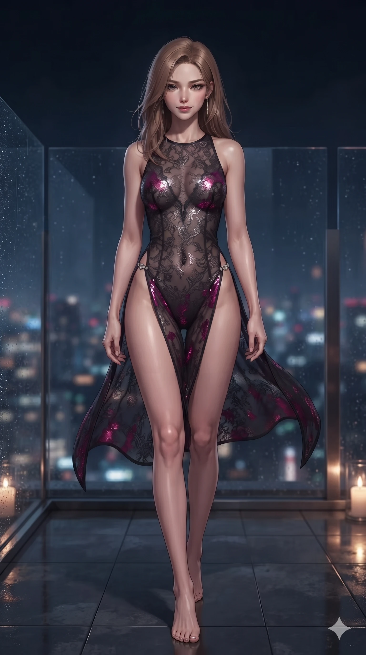 score_9, masterpiece, best quality, ultra-detailed, high-budget anime keyframe, editorial fashion photography, tasteful artistic composition, Korean woman. low angle full-body shot from head to toe showing her feet, filling the entire 9:16 vertical frame with her statuesque presence, stretching her vertical silhouette. striding across the rain-swept glass terrace, nocturnal breezes whipping her garments open to accentuate her long slender legs and curvy hips while walking slowly along the darkened glass perimeter with feline poise, her long slender legs and curvy hips commanding the metropolitan expanse. The background shows a soft-focus sky-high observation lounge softened in metropolitan panorama shallow focus. She has an exceptionally tall and slender model-like 8.5-heads proportion, an ultra-slim waist, a flat toned midriff, narrow delicate ribcage, and beautifully sculpted feminine hips creating a graceful, slim hourglass silhouette without any bulky heaviness, with impossibly long slender legs. sharp v-shaped jawline, high-bridge nose, intricate jewel-like dark sparkling eyes with dangerous depth, thick curled eyelashes, glossy parted lips with a rich wine sheen, smoldering seductive half-smile with bedroom-eyes, exuding effortless superiority and intoxicating dark allure, flawlessly proportioned anatomical accuracy, strict slender model proportions, natural body alignment, perfectly sculpted long slender limbs, ultra-slim waistline, clean dynamic posture without body distortion. wearing a provocative sheer-illusion nanotech lace bodysuit with strategic metallic foil flocking and high-cut leg openings in wet asphalt charcoal and neon magenta reflections, woven from bespoke high-density barathea wool with refined ceremonial hold, finished with an ultra-high side slit secured by miniature jeweled clasps, the form-fitting cut adhering flawlessly to her sculpted flat midriff and slender torso, emphasizing her long leg lines and perfectly proportioned willowy build. bathed in the romantic, dim ambient lounge lighting punctuated by subtle cocktail table candlelight. ultra-reflective glossy finish, specular highlights, rich textural contrasts, high-contrast stereoscopic depth, volumetric dynamic lighting, 2k, ultra detail, master piece, 9:16 ratio