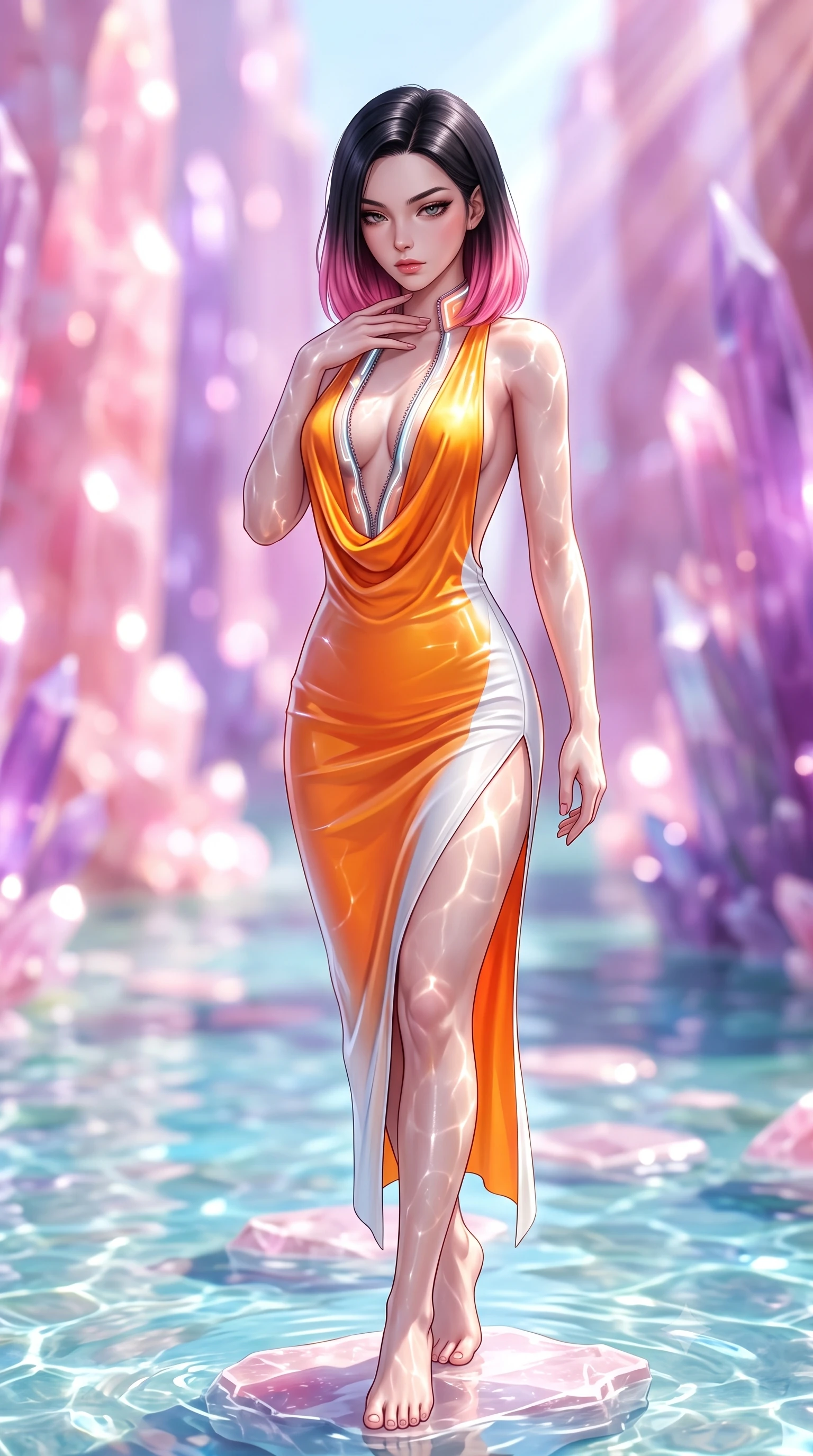score_9, masterpiece, best quality, ultra-detailed, high-budget anime keyframe, semi-realistic 3D game render, editorial fashion photography, tasteful artistic composition, Korean woman. close-up cowboy shot from the waist and thighs up, the character dominates the composition, filling the frame with her large presence. resting her fingers lightly against her throat while looking down with a smoldering, haughty yet intensely captivating glance while pivoting dynamically on a submerged quartz stepping stone as brilliant midday sunbeams create shimmering water caustics. The composition keeps background elements in soft focus with creamy bokeh. towering rose quartz and amethyst canyon spires blurred into radiant pastel pink and violet bokeh. She has an exceptionally elegant, slender, and willowy female figure with an ultra-slim waist, a gracefully sculpted slender torso, toned flat midriff, and a refined slim silhouette. sharp v-shaped jawline, high-bridge nose, intricate jewel-like eyes with depth, thick eyelashes, glossy lips with a natural sheen, flawlessly proportioned anatomical accuracy, strict slender model proportions, natural body alignment, perfectly sculpted long slender limbs, ultra-slim waistline, clean dynamic posture without body distortion. wearing a precision-fitted liquid jersey bodycon dress with a dramatic draped cowl back that swoops down to her waist and a high side slit in vivid sunset amber orange and cloud white, tailored from semi-translucent cybernetic vinyl with glowing micro-filaments, featuring a dangerously unzipped neckline framed by glowing cybernetic accents, the glove-like aerodynamic second-skin fit tightly clinging to her ultra-slender waist and athletic curves without adding bulk, accentuating her razor-sharp statuesque lines and slim hourglass silhouette. illuminated by sparkling river water caustics and crisp white key lighting. highly saturated vibrant anime colors, detailed shading with soft gradients, rich glossy textures, high-contrast stereoscopic depth, volumetric dynamic lighting, master piece, 9:16 ratio