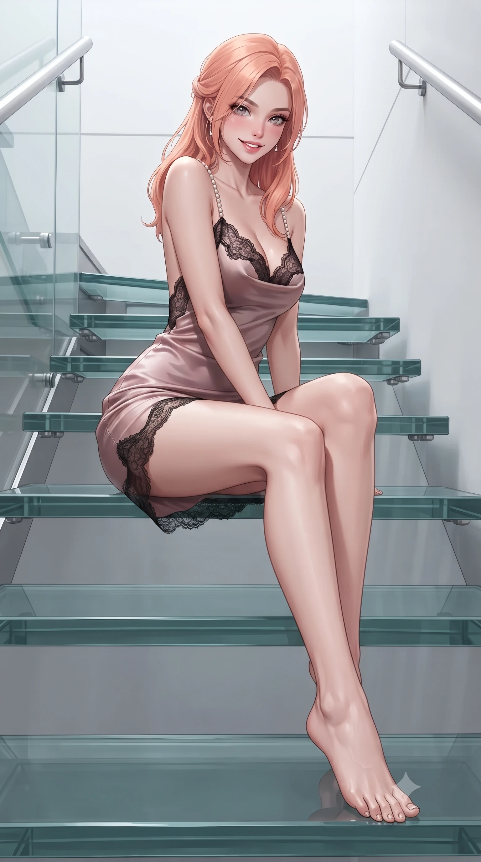 score_9, masterpiece, best quality, ultra-detailed, high-budget anime keyframe, editorial fashion photography, tasteful artistic composition, Japanese woman. low angle full-body shot from head to toe showing her feet, filling the entire 9:16 vertical frame with her statuesque presence, stretching her vertical silhouette. lounging on the lavish daybed with legs crossed and hips angled toward the camera, displaying her toned midriff and long slender limbs with effortless siren poise while sitting on a glass stair step with legs extended gracefully downward, displaying her impossibly long slender limbs with effortless poise. The surrounding environment is rendered in vivid detail and crisp panoramic clarity: sharp laminated structural glass tread edges, stainless steel cable fittings, and white museum drywall seams in deep focus. She has an absolutely perfect, statuesque 8.5-heads proportion, an exceptionally tall and slender model-like female figure with impossibly long slender legs, an ultra-slim waist, a flat toned midriff, narrow delicate ribcage, and beautifully sculpted feminine hips creating a graceful, slim hourglass silhouette without any bulky heaviness. sharp v-shaped jawline, high-bridge nose, sparkling eyes with hypnotic seductive depth, thick curled eyelashes, glossy parted lips with a natural dewy peach sheen, alluring bedroom-eyes with an enchanting coquettish smile, exuding magnetic siren charisma and sophisticated glamour, flawlessly proportioned anatomical accuracy, strict slender model proportions, natural body alignment, perfectly sculpted long slender limbs, ultra-slim waistline, clean dynamic posture without body distortion. wearing a low-cut draped cowl-back satin slip mini dress with dainty pearl spaghetti straps and hip-hugging silhouette in dusky blush rose and antique black lace, made of semi-opaque stretch illusion mesh with soft shadowy contours, finished with scalloped eyelash lace trim framing her sweetheart neckline with intimate elegance, the second-skin tailored fabric adhering flawlessly to her sculpted flat midriff and slender torso, emphasizing her long leg lines and perfectly proportioned willowy build. illuminated by glass refraction bounce and sharp platinum rim lights sculpting her razor-sharp jawline, narrow waist, and curvy hips. ultra-reflective glossy finish, specular highlights, rich textural contrasts, high-contrast stereoscopic depth, volumetric dynamic lighting, 2k, ultra detail, master piece, 9:16 ratio