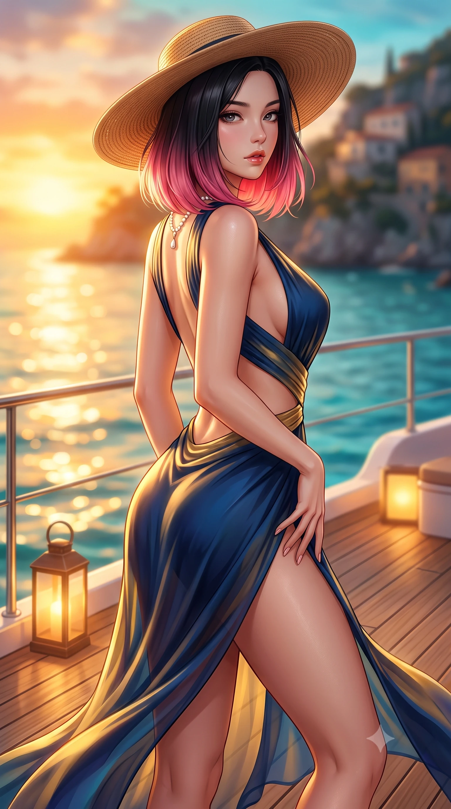 score_9, masterpiece, best quality, ultra-detailed, high-budget anime keyframe, semi-realistic 3D game render, editorial fashion photography, tasteful artistic composition, Korean woman. close-up cowboy shot from the waist and thighs up, the character dominates the composition, filling the frame with her large presence. resting one manicured hand delicately on her hip bone, her upper body turning in a fluid, seductive S-curve while parted lips glisten in the light while striding across the teak deck before pausing to pivot her hips in an alluring 3/4 rear view, sea breeze fluttering her form-fitting garments. The composition keeps background elements in soft focus with creamy bokeh. glittering golden Mediterranean waves and distant coastal cliff villas blurred into molten amber, peach, and turquoise bokeh. She has an exceptionally elegant, slender, and willowy female figure with an ultra-slim waist, a gracefully sculpted slender torso, toned flat midriff, and rounded feminine hips creating an alluring hourglass silhouette. sharp v-shaped jawline, high-bridge nose, intricate jewel-like eyes with depth, thick eyelashes, glossy parted lips with a natural sheen, intensely captivating and seductive bedroom-eyes expression, flawlessly proportioned anatomical accuracy, strict slender model proportions, natural body alignment, perfectly sculpted long slender limbs, ultra-slim waistline, clean dynamic posture without body distortion. wearing a backless Grecian goddess draped dress with side-waist cutouts and a fluid floor-length slit in deep nautical navy blue and liquid gold, crafted from weightless prism organza that refracts light with every motion, complemented by a wide-brim woven straw hat and pearl drop necklace, the second-skin form-contouring cut accentuating her sculpted flat midriff, narrow waistline, and dramatically curvy hips without adding bulk. bathed in glorious golden hour sunset backlighting and warm amber deck lantern fill. highly saturated vibrant anime colors, detailed shading with soft gradients, rich glossy textures, high-contrast stereoscopic depth, volumetric dynamic lighting, master piece, 9:16 ratio