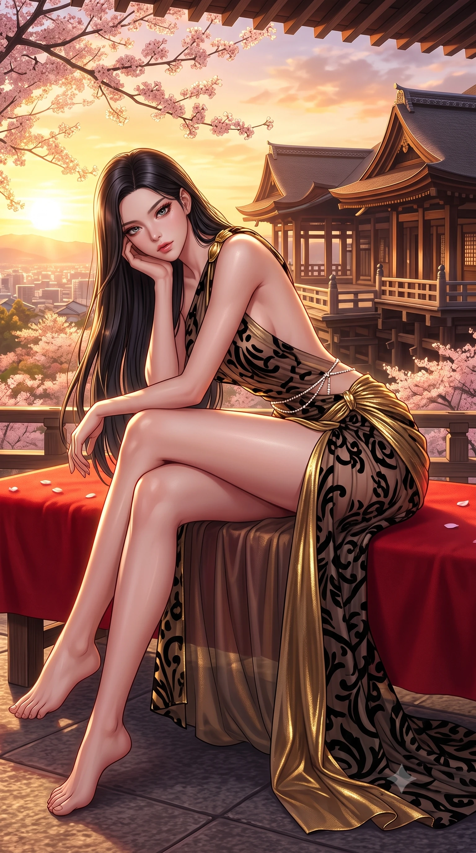 score_9, masterpiece, best quality, ultra-detailed, high-budget anime keyframe, semi-realistic 3D game render, editorial fashion photography, tasteful artistic composition, Korean woman. low angle full-body shot from head to toe showing her feet, filling the entire 9:16 vertical frame with her statuesque presence, stretching her vertical silhouette. reclining on her side in an elegant Cleopatra pose with one knee drawn up, the dramatic contour of her rounded hips and long slender legs commanding the 9:16 vertical frame while reclining on a red felt bench beside the temple hall, her long slender legs and narrow waist highlighted against the distant Kyoto city skyline. The surrounding environment is rendered in vivid detail and crisp panoramic clarity. detailed silk kimono or modern fusion gown weave, sunset sheen on skin, and Kyoto valley landscape in high clarity. She has an exceptionally tall and slender model-like 8.5-heads proportion, an ultra-slim waist, a flat toned midriff, narrow delicate ribcage, and beautifully sculpted feminine hips creating a graceful, slim hourglass silhouette without any bulky heaviness, with impossibly long slender legs. sharp v-shaped jawline, high-bridge nose, intricate jewel-like eyes with depth, thick eyelashes, glossy parted lips with a natural sheen, intensely captivating and seductive bedroom-eyes expression, flawlessly proportioned anatomical accuracy, strict slender model proportions, natural body alignment, perfectly sculpted long slender limbs, ultra-slim waistline, clean dynamic posture without body distortion. wearing a high-slit Grecian goddess draped gown with asymmetrical gold shoulder clasps and hip gathering in midnight obsidian black and liquid gold, made of sheer contouring power-mesh with velvet flocking patterns, accented with a dainty diamond waist chain catching the ambient light reflections, the dramatically scooped open back descending to the base of her spine, accentuating her razor-sharp statuesque lines and slim hourglass silhouette. bathed in breathtaking golden hour sunset backlighting filtered through cherry blossom branches. highly saturated vibrant anime colors, detailed shading with soft gradients, rich glossy textures, high-contrast stereoscopic depth, volumetric dynamic lighting, master piece, 9:16 ratio
