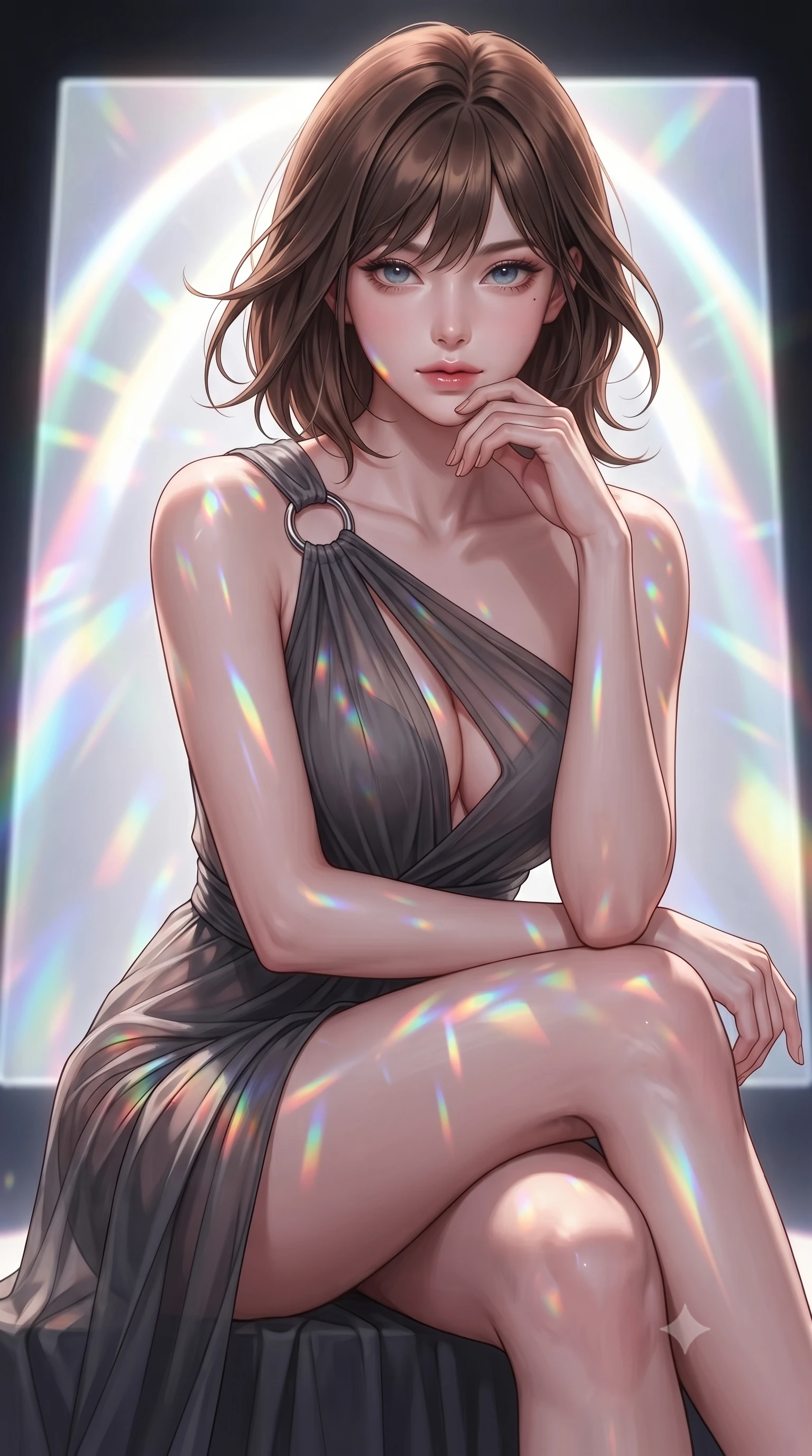 score_9, masterpiece, best quality, ultra-detailed, high-budget anime keyframe, editorial fashion photography, tasteful artistic composition, Korean woman. close-up cowboy shot from the waist and thighs up, the character dominates the composition, filling the frame with her large presence, background elements kept in soft focus. Leaning slightly forward with a composed, seductive gaze under soft glowing light poised before a giant holographic canvas emitting luminous color arcs, a kaleidoscope of refractions forming geometric light patterns on her skin. She has an exceptionally elegant, slender, and willowy female figure with an ultra-slim waist, a gracefully sculpted slender torso, and a refined silhouette. sharp v-shaped jawline, high-bridge nose, intricate jewel-like eyes with depth, thick eyelashes, glossy lips with a natural sheen. wearing an asymmetrical Grecian draped chiffon gown with a metallic shoulder ring in charcoal grey and platinum, woven from fine semi-opaque sheer organza, accented with a Tasteful chest slit framing her clavicle gracefully, the sleek second-skin texture accentuating her magnetic presence. drenched in bright white key light with colorful prismatic rim lighting. highly saturated vibrant anime colors, detailed shading with soft gradients, rich glossy textures, high-contrast stereoscopic depth, volumetric dynamic lighting, master piece, 9:16 ratio