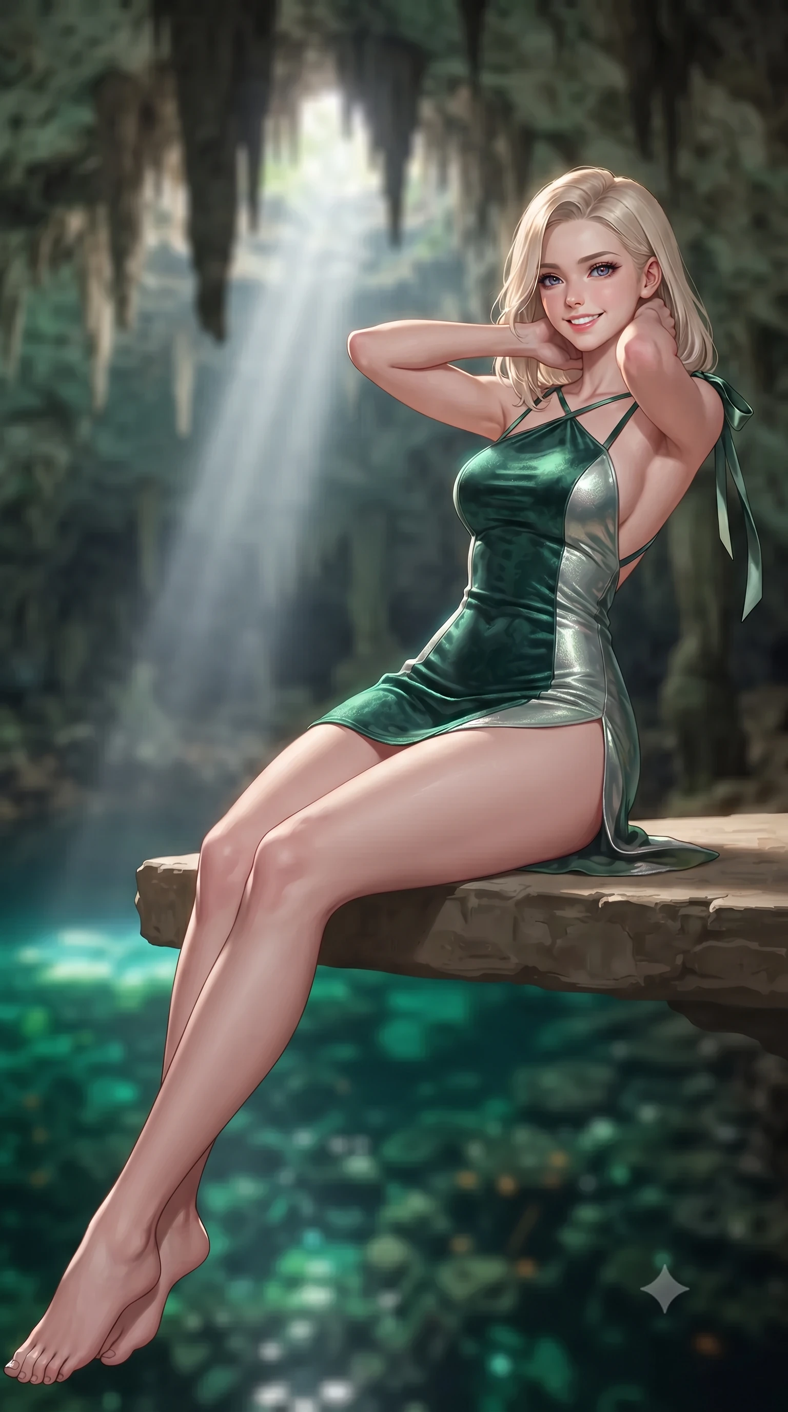 score_9, masterpiece, best quality, ultra-detailed, high-budget anime keyframe, editorial fashion photography, tasteful artistic composition, Caucasian woman. close-up cowboy shot from the waist and thighs up, the character dominates the composition, filling the frame with her large presence. resting both hands lightly behind her neck with elbows raised, arching her spine to highlight her narrow waist, flat midriff, and breathtaking collarbones while reclining gracefully across the flat limestone ledge propped on one elbow with legs extended, displaying her long slender limbs and statuesque hourglass silhouette in the sacred sanctuary. The background shows a soft-focus colossal hanging limestone stalactites, single beam of sunlight cutting through subterranean mist, and translucent emerald cavern water blurred into jade, topaz, and obsidian bokeh. She has an exceptionally elegant, slender, and willowy female figure with an ultra-slim waist, flat toned midriff, narrow ribcage, and sculpted feminine hips creating an alluring, slim hourglass silhouette without bulk. sharp v-shaped jawline, high-bridge nose, intricate jewel-like sparkling eyes with depth, thick eyelashes, glossy parted lips with a natural peach sheen, bright cheerful beaming smile with an enchanting and coquettish sensual glint, exuding both youthful cute charm and seductive allure, flawlessly proportioned anatomical accuracy, strict slender model proportions, natural body alignment, perfectly sculpted long slender limbs, ultra-slim waistline, clean dynamic posture without body distortion. wearing a backless liquid lamé mini dress with criss-cross spinal straps and daring side slit in Art Nouveau malachite green and antique starlight silver, tailored from ultra-plush silk velvet with rich tactile depth and deep shadow gradients, finished with satin ribbon ties at the shoulders fluttering in the gentle breeze, the bespoke structured tailoring following the natural line of her 8.5-heads silhouette with refined elegance. illuminated by emerald pool surface specular bounce and sharp gold-cyan dual rim lights sculpting her razor-sharp jawline, narrow waist, and curvy hips. ultra-reflective glossy finish, specular highlights, rich textural contrasts, high-contrast stereoscopic depth, volumetric dynamic lighting, 2k, ultra detail, master piece, 9:16 ratio