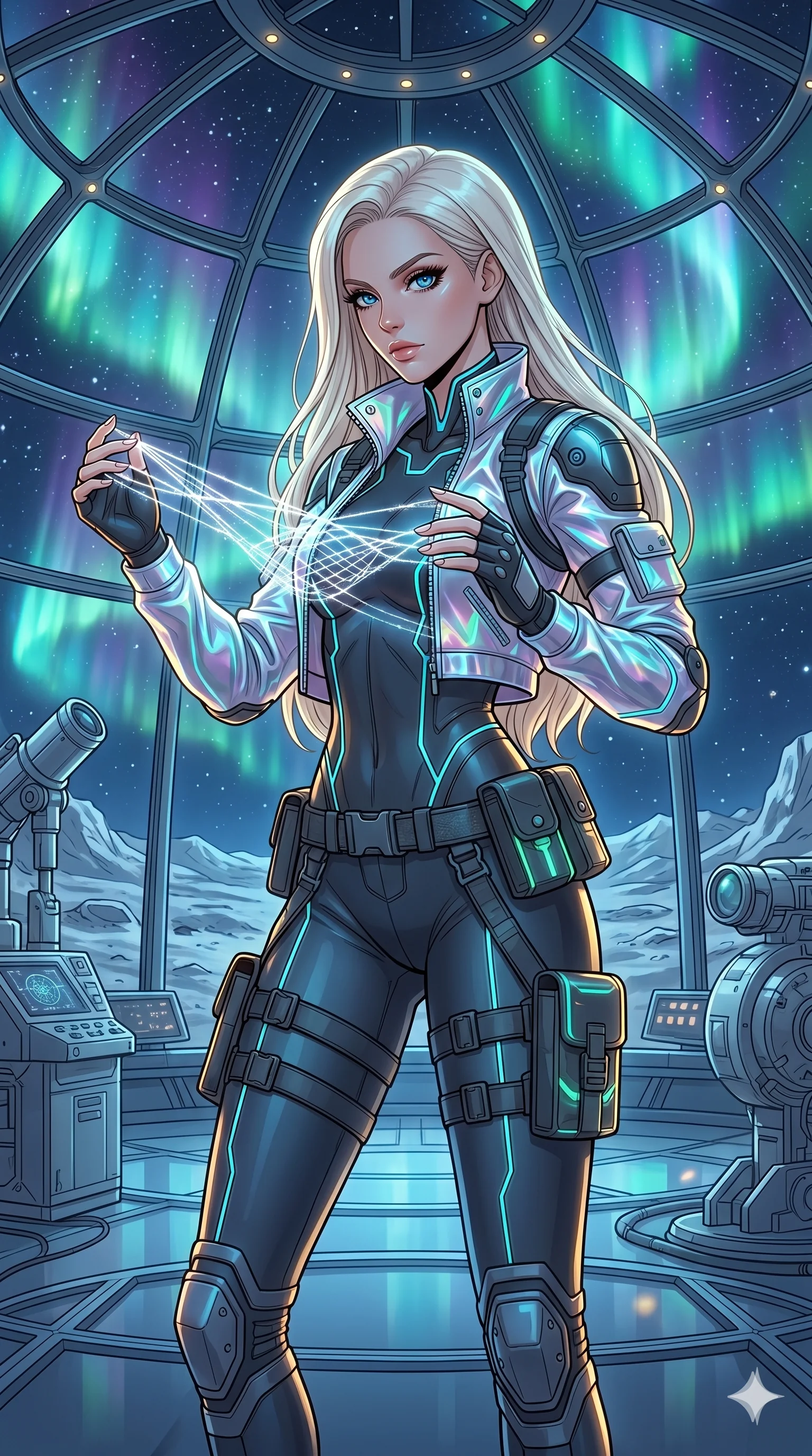score_9, masterpiece, best quality, ultra-detailed, high-budget anime movie keyframe, cinematic anime lighting, intricate line art, Caucasian (strictly human ears) woman. Medium shot of upper body capturing the intricate details of her high-fashion attire. weaving threads of light in a lunar observatory amidst aurora borealis. She has an absolutely perfect 8-heads proportion, an exceptionally tall and slender female figure with an ultra-slim waist and impossibly long slender legs. sharp v-shaped jawline, high-bridge nose, intricate jewel-like eyes, thick eyelashes, glossy lips. Wearing modern urban tech-wear ensemble with a cropped reflective bomber jacket, ultra-slim high-waisted cargo leggings, and tactical harness with neon-lit pouches. The scene is illuminated by dramatic atmospheric lighting and vibrant color palettes. , 2k, ultra detail, master piece, 9:16 ratio