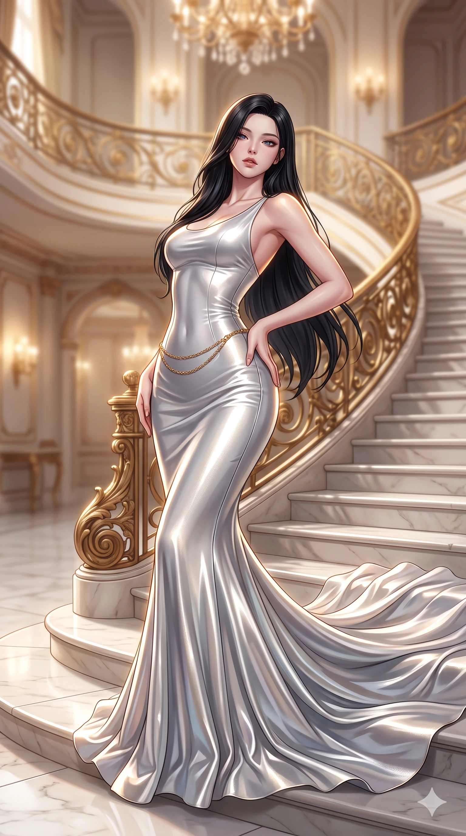score_9, masterpiece, best quality, ultra-detailed, high-budget anime keyframe, semi-realistic 3D game render, editorial fashion photography, tasteful artistic composition, Korean woman. close-up cowboy shot from the waist and thighs up, the character dominates the composition, filling the frame with her large presence. arching her spine backward with effortless dancer poise, one hand sliding along her hip line as directional light carves specular highlights along her silhouette while standing poised halfway down the sweeping grand staircase, arching her lower back with sovereign authority as her flowing silk train drapes along the steps. The background shows a soft-focus luxurious foyer atmosphere softened in Belle Époque grand staircase shallow focus. She has an exceptionally elegant, slender, and willowy female figure with an ultra-slim waist, flat toned midriff, narrow ribcage, and sculpted feminine hips creating an alluring, slim hourglass silhouette without bulk. sharp v-shaped jawline, high-bridge nose, intricate jewel-like sparkling eyes with depth, thick eyelashes, glossy parted lips with a natural sheen, intensely captivating and seductive bedroom-eyes expression, exuding both youthful cute charm and sovereign luxury allure, flawlessly proportioned anatomical accuracy, strict slender model proportions, natural body alignment, perfectly sculpted long slender limbs, ultra-slim waistline, clean dynamic posture without body distortion. wearing a sculpted liquid-satin mermaid gown tailored with contouring seams that adhere flawlessly over her curves in shimmering silver mercury and pearl white, crafted from luxurious metallic lamé that shifts radiance with every step, accented with a delicate gold chain belt resting loosely on her curvy hips, the bespoke structured tailoring following the natural line of her 8.5-heads silhouette with refined elegance. illuminated by white marble floor bounce and sharp diamond-gold rim lights carving her sculpted collarbones, ultra-slim waist, and curvy hips. highly saturated vibrant anime colors, detailed shading with soft gradients, rich glossy textures, high-contrast stereoscopic depth, volumetric dynamic lighting, master piece, 9:16 ratio