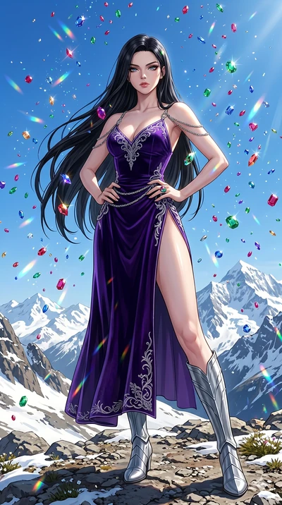 score_9, masterpiece, best quality, ultra-detailed, High-budget Anime Keyframe, beautiful Caucasian anime girl (strictly human ears). Low angle cowboy shot filling the entire 9:16 frame with her statuesque presence. Standing in a rain of colorful jew
