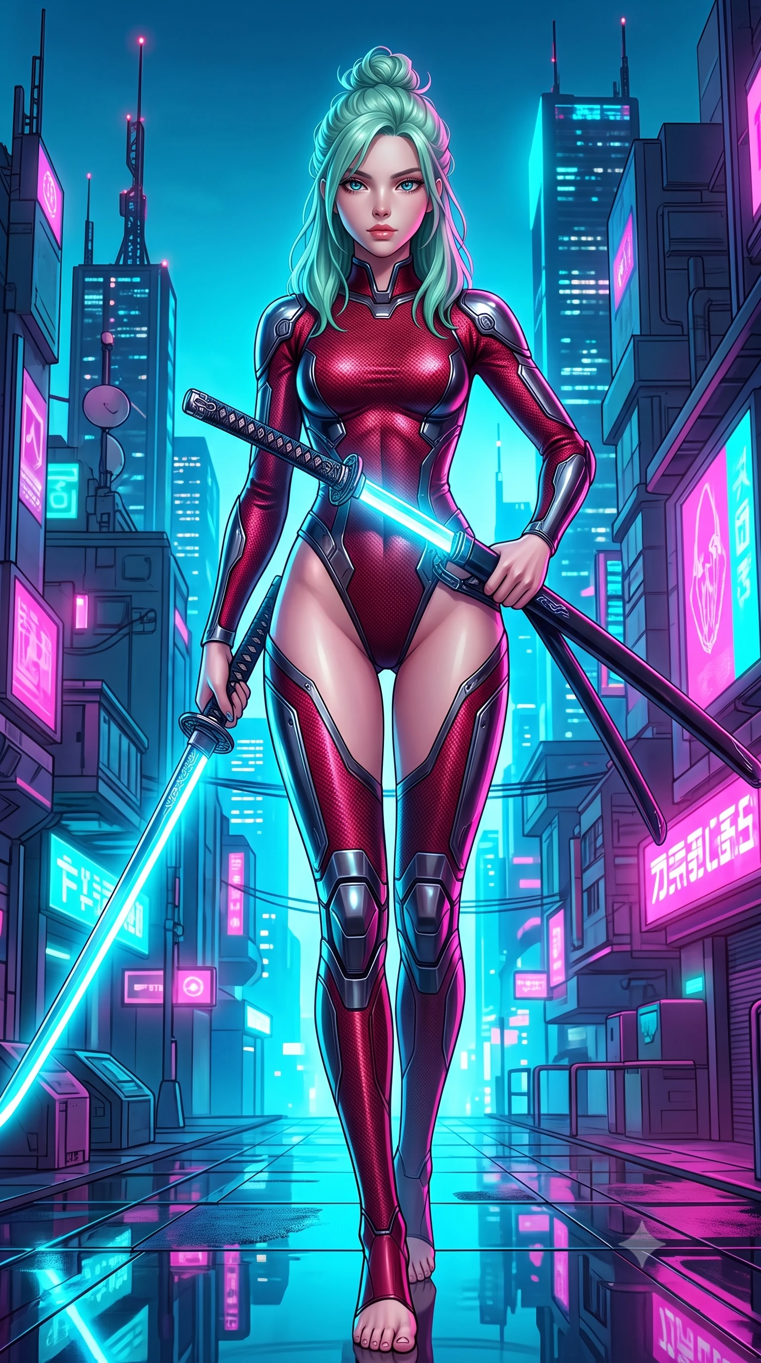 score_9, masterpiece, best quality, ultra-detailed, high-budget anime keyframe, semi-realistic 3D game render, editorial fashion photography, tasteful artistic composition, Japanese woman. low angle full-body shot from head to toe showing her feet, filling the entire 9:16 vertical frame with her statuesque presence, stretching her vertical silhouette. striding forward with commanding supermodel grace, weapon held at the ready, her 8.5-heads statuesque silhouette dominating the vertical frame from head to toe while sheathing her sleek plasma katana with effortless supermodel poise while casting a sovereign, captivating direct gaze into the lens. The surrounding environment is rendered in vivid detail and crisp panoramic clarity. intricate cybernetic katana hilt engravings, skyscraper antenna beacons, and neon city reflections in high clarity. She has an absolutely perfect, statuesque 8.5-heads proportion, an exceptionally tall and slender model-like female figure with impossibly long slender legs, a toned flat midriff, and an ultra-slim waist. sharp v-shaped jawline, high-bridge nose, intricate jewel-like eyes with depth, thick eyelashes, glossy lips with a natural sheen, flawlessly proportioned anatomical accuracy, strict slender model proportions, natural body alignment, perfectly sculpted long slender limbs, ultra-slim waistline, clean dynamic posture without body distortion. wearing a skin-tight crimson carbon-weave combat leotard with metallic dark chrome plating and hip-accentuating cutouts, holding twin glowing high-frequency vibro-blades with effortless supermodel poise in monochrome white enamel carbon with high-contrast black panels, made of lightweight aerodynamic carbon-titanium alloy with polished edge bevels, finished with high-mobility articulation joints and miniature magnetic armor locks, the form-contouring material adhering flawlessly to her sculpted flat midriff and slender torso, emphasizing her long leg lines and perfectly proportioned willowy build. bathed in vivid high-contrast neon cyan and magenta city backlighting with electric blade glow. rich saturated anime colors with glowing neon highlights, detailed shading with soft gradients, rich glossy textures, high-contrast stereoscopic depth, volumetric dynamic lighting, master piece, 9:16 ratio