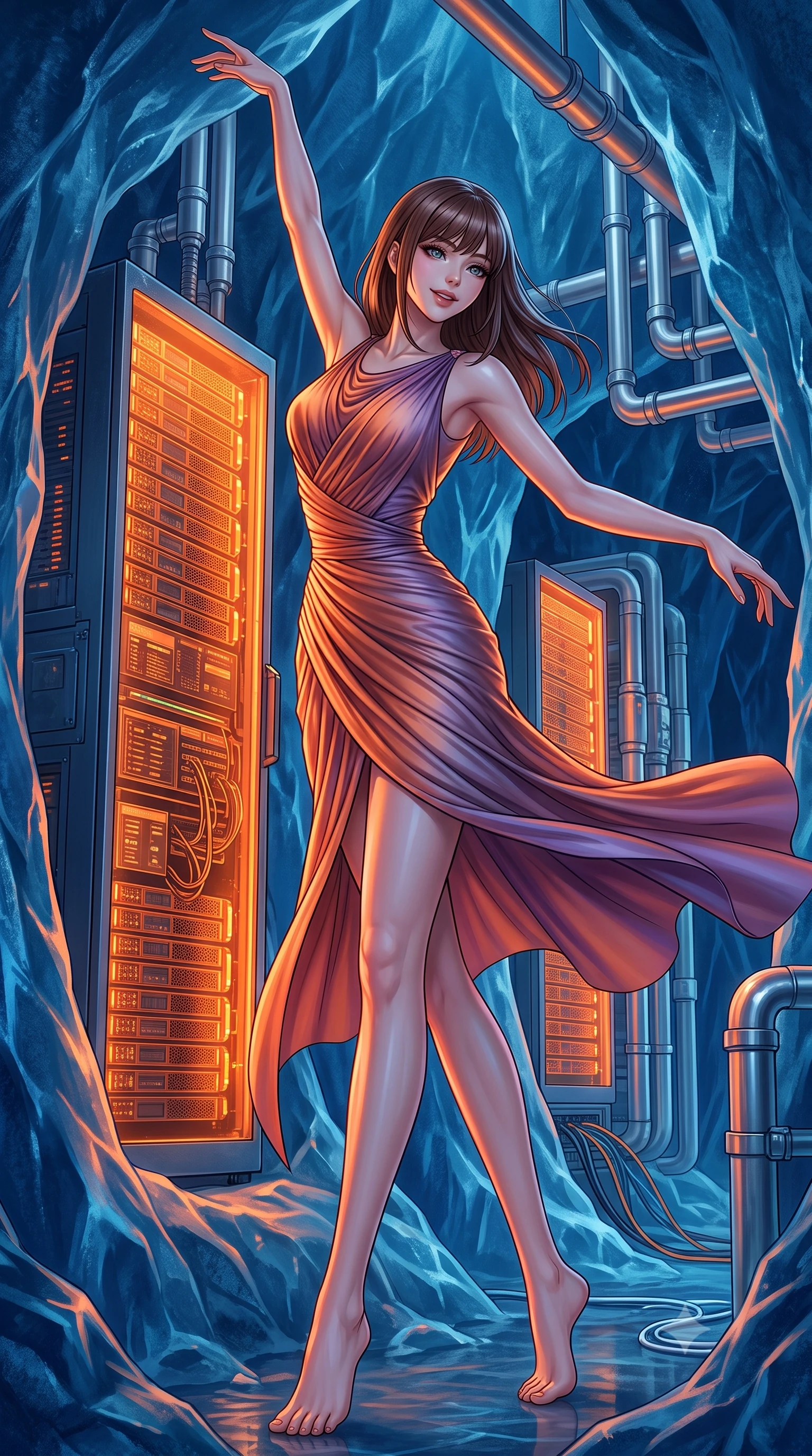 score_9, masterpiece, best quality, ultra-detailed, high-budget anime keyframe, editorial fashion photography, tasteful artistic composition, Korean woman. low angle full-body shot from head to toe showing her feet, filling the entire 9:16 vertical frame with her statuesque presence, stretching her vertical silhouette. dancing with weightless, happy grace through inside a cavern made of deep blue glacial ice housing glowing orange computer servers cooled by complex silver piping systems. She has a statuesque 8.5-heads proportion, an exceptionally tall, slender and willowy model-like build with impossibly long legs and a highly sculpted ultra-slim waist. sharp v-shaped jawline, high-bridge nose, intricate jewel-like eyes with depth, thick eyelashes, glossy lips with a natural sheen. wearing a draped jersey dress in a shifting copper and violet gradient, the fluid fabric clinging to her slender waist with every movement. intense orange glow from the servers reflecting off the icy blue walls, creating a dramatic warm-and-cold contrast. 2k, ultra detail, master piece, 9:16 ratio