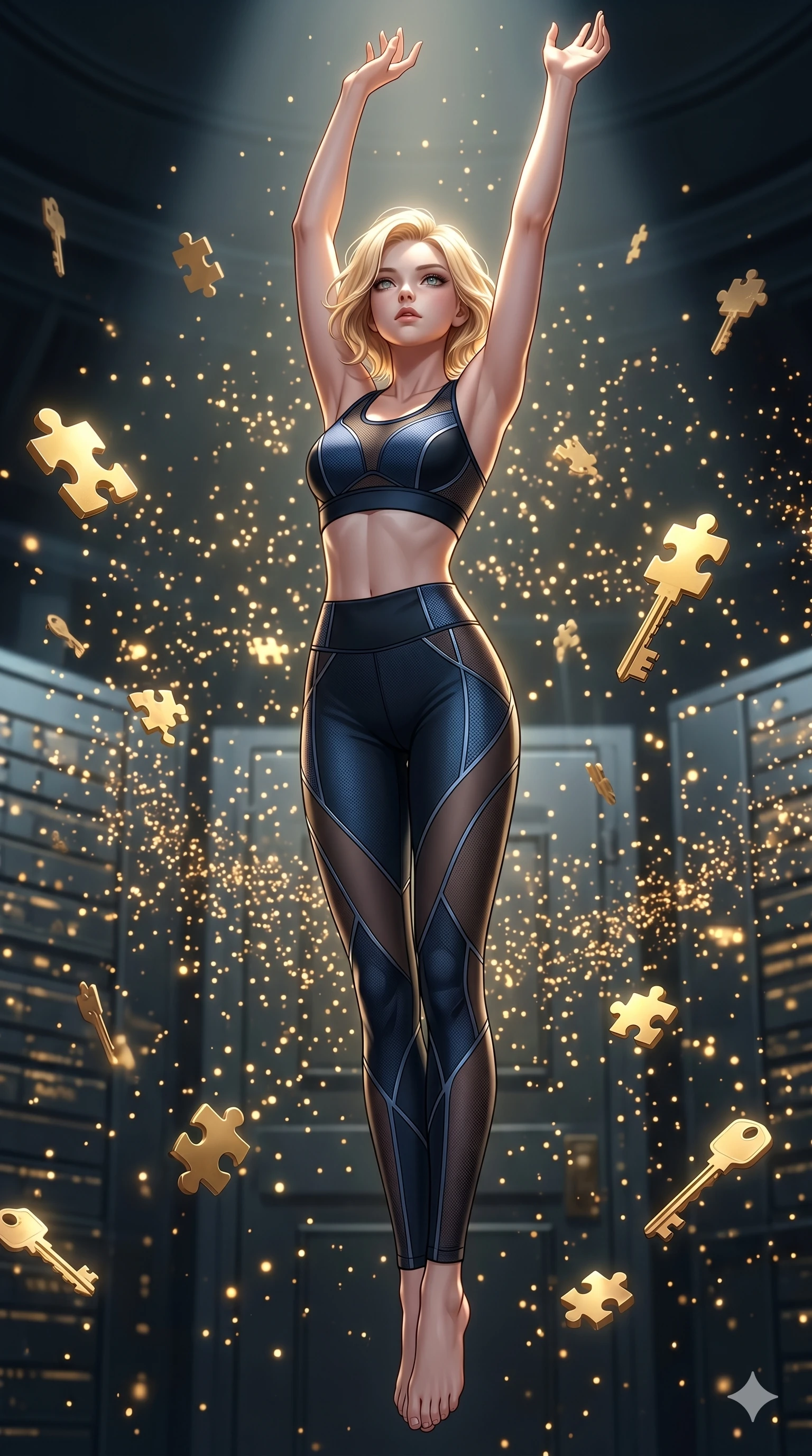 score_9, masterpiece, best quality, ultra-detailed, high-budget anime keyframe, editorial fashion photography, tasteful artistic composition, Caucasian woman, strictly human ears. low angle full-body shot from head to toe showing her feet, filling the entire 9:16 vertical frame with her statuesque presence, stretching her vertical silhouette. Leaping dynamically upward with both arms extended overhead, her long legs stretching the vertical frame inside a digital vault where encryption keys float like golden puzzle pieces, as thousands of micro-particles of light dance in the air. She has an absolutely perfect 8-heads proportion, an exceptionally tall and slender female figure with impossibly long slender legs and an ultra-slim waist. V-shaped jawline, high-bridge nose, intricate jewel-like eyes with depth, thick eyelashes, glossy lips with a natural sheen. wearing a high-fashion athletic set featuring a structured sports top and leggings with sheer-mesh contouring panels. under high-contrast theatrical lighting with a spotlight highlighting her face and shoulders. 2k, ultra detail, master piece, 9:16 ratio