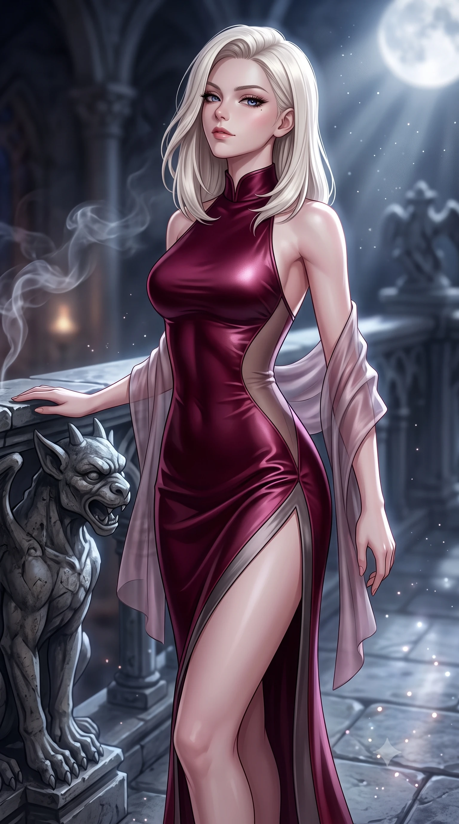 score_9, masterpiece, best quality, ultra-detailed, high-budget anime keyframe, semi-realistic 3D game render, editorial fashion photography, tasteful artistic composition, Caucasian woman. close-up cowboy shot from the waist and thighs up, the character dominates the composition, filling the frame with her large presence. tilting her chin up with proud, sovereign allure while gazing through thick eyelashes with an irresistible, dangerous bedroom-gaze while resting one hand against a weathered gargoyle balustrade, looking back over her shoulder with an aloof, sovereign smirk. The composition keeps background elements in soft focus with creamy bokeh. drifting incense smoke and lunar light rays scattering ethereal radiant motes across the stone flags. She has an exceptionally elegant, slender, and willowy female figure with an ultra-slim waist, a gracefully sculpted slender torso, toned flat midriff, and a refined slim silhouette. sharp v-shaped jawline, high-bridge nose, intricate jewel-like eyes with depth, thick eyelashes, glossy parted lips with a natural sheen, intensely captivating and seductive expression, flawlessly proportioned anatomical accuracy, strict slender model proportions, natural body alignment, perfectly sculpted long slender limbs, ultra-slim waistline, clean dynamic posture without body distortion. wearing a high-collar burgundy duchess satin gown with asymmetrical sheer side panels and thigh slit in deep garnet and brushed dark platinum, tailored from ultra-smooth duchess satin with a pearlescent sheen, finished with a gossamer silk shawl draped loosely over her elbows, the liquid-tight tailored fabric emphasizing every curve of her tall, slender model proportions and sculptured silhouette during dynamic movement. surrounded by an immortal, transcendent, and breathtakingly majestic gothic siren aura. highly saturated vibrant anime colors, detailed shading with soft gradients, rich glossy textures, high-contrast stereoscopic depth, volumetric dynamic lighting, master piece, 9:16 ratio