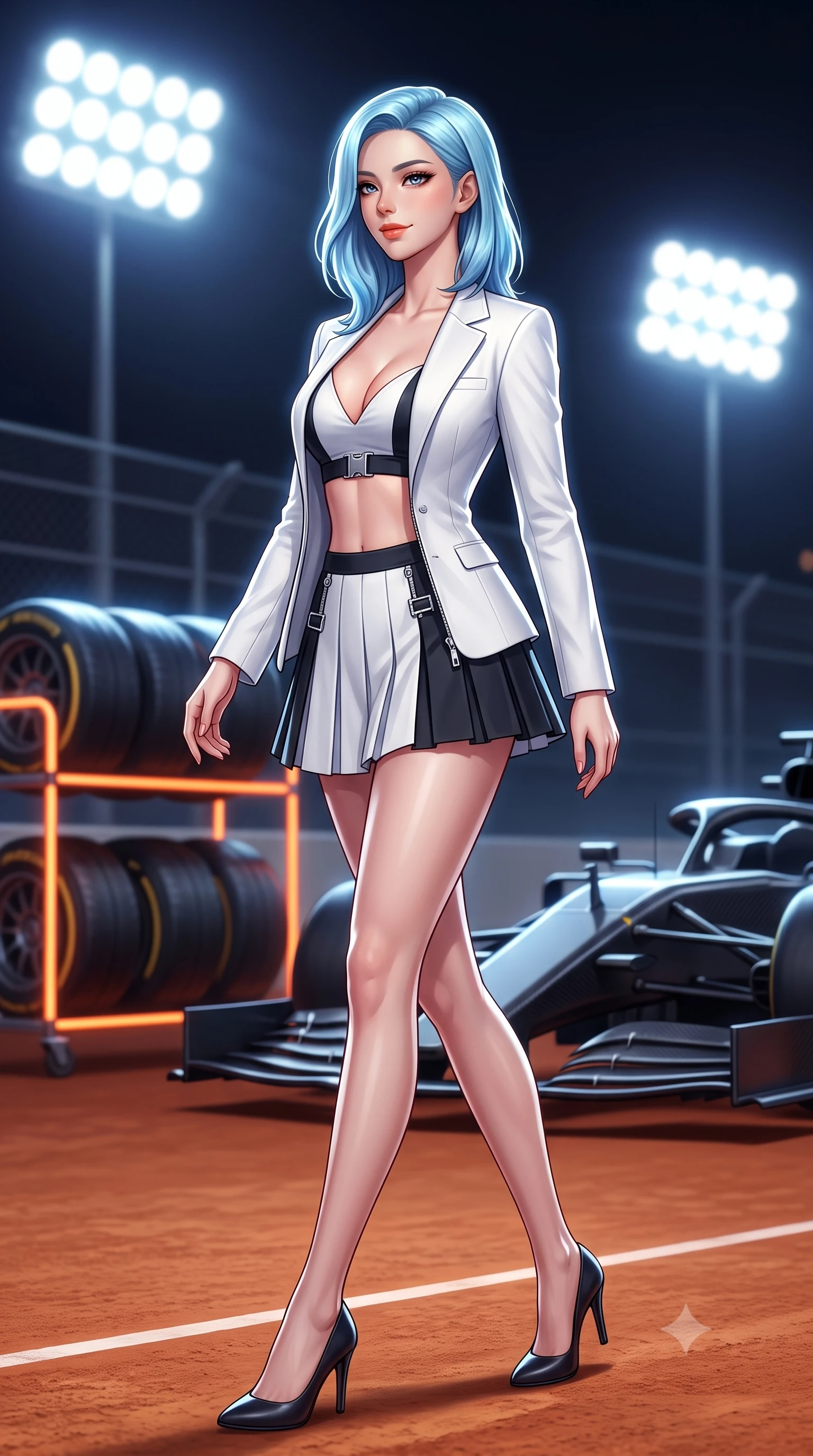score_9, masterpiece, best quality, ultra-detailed, high-budget anime keyframe, semi-realistic 3D game render, editorial fashion photography, tasteful artistic composition, Korean woman. low angle full-body shot from head to toe showing her feet, filling the entire 9:16 vertical frame with her statuesque presence, stretching her vertical silhouette. walking slowly along the clay court baseline, looking back over her shoulder with an air of effortless grace and an alluring, smoldering smile while twisting her slender torso in an alluring S-curve, dazzling 2000-lux track floodlights casting crisp geometric shadows across her curves and waist. The background shows a soft-focus glowing tire warming racks and high-speed carbon fiber cars softened in thrilling night-race shallow focus. She has an absolutely perfect, statuesque 8.5-heads proportion, an exceptionally tall and slender model-like female figure with impossibly long slender legs, an ultra-slim waist, a flat toned midriff, narrow delicate ribcage, and beautifully sculpted feminine hips creating a graceful, slim hourglass silhouette without any bulky heaviness. sharp v-shaped jawline, high-bridge nose, sparkling eyes with athletic focus and depth, thick curled eyelashes, glossy parted lips with a natural coral-peach sheen, bright confident and coquettish smile with alluring bedroom-eyes, exuding both youthful sporty vigor and sovereign high-society glamour, flawlessly proportioned anatomical accuracy, strict slender model proportions, natural body alignment, perfectly sculpted long slender limbs, ultra-slim waistline, clean dynamic posture without body distortion. wearing a tailored white blazer worn open over a plunging racing bandeau top and pleated tennis micro-skirt in dual-tone high-contrast racing monochrome, tailored from crisp cotton poplin with clean aerodynamic structural lines, finished with polished chrome zipper pulls and racing harness buckle hardware, the liquid-tight tailored fabric clinging flawlessly to her narrow waist and rounded feminine hips, emphasizing every millimeter of her sculpted slim hourglass curves without any bulky heaviness. illuminated by telemetry screen bounce and sharp platinum rim lights carving her razor-sharp jawline, narrow waist, and curvy hips. highly saturated vibrant anime colors, detailed shading with soft gradients, rich glossy textures, high-contrast stereoscopic depth, volumetric dynamic lighting, master piece, 9:16 ratio