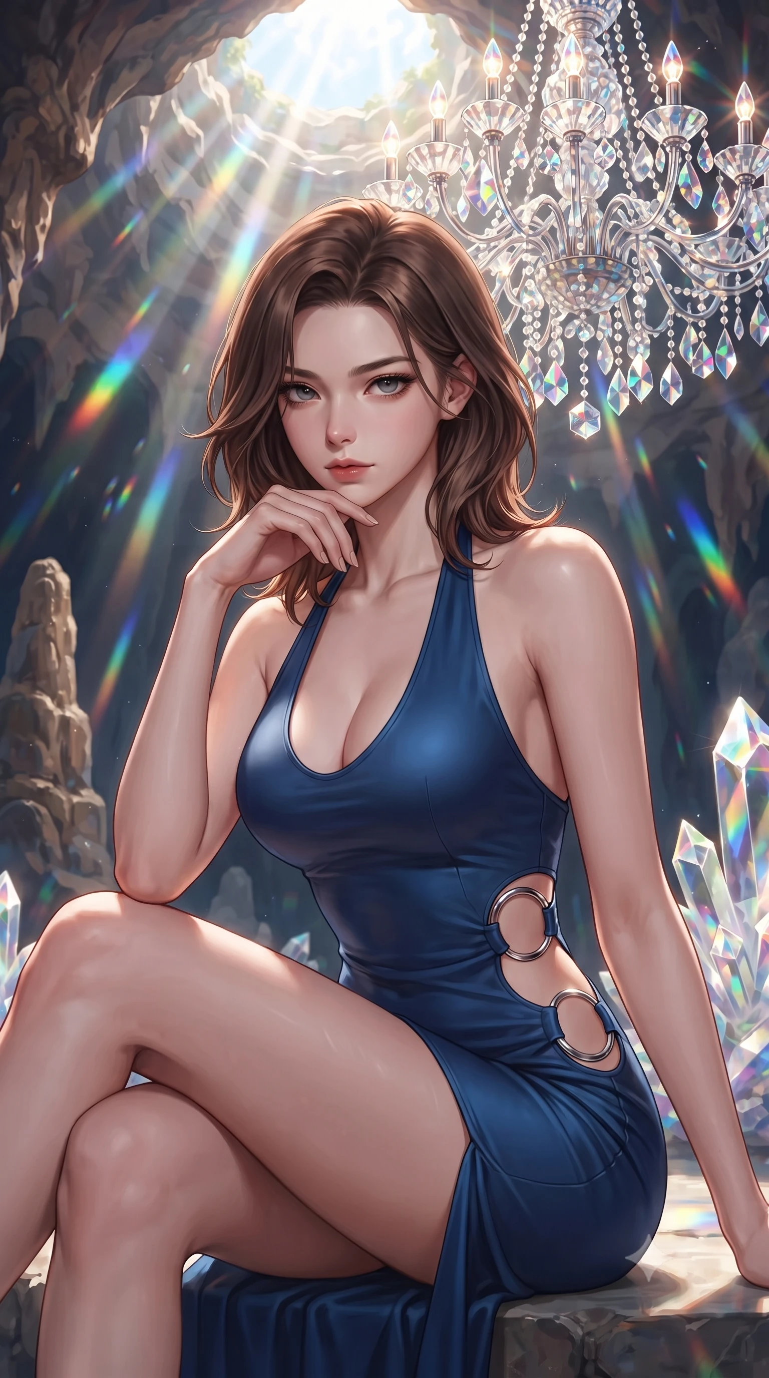 score_9, masterpiece, best quality, ultra-detailed, high-budget anime keyframe, editorial fashion photography, tasteful artistic composition, Korean woman. close-up cowboy shot from the waist and thighs up, the character dominates the composition, filling the frame with her large presence, background elements kept in soft focus. Resting her chin on the backs of her fingers, casting a sharp, mysterious gaze poised beneath a giant crystal chandelier refracting subterranean sunlight, sharp crystalline reflections creating an opulent, jewel-like ambience. She has an exceptionally elegant, slender, and willowy female figure with an ultra-slim waist, a gracefully sculpted slender torso, and a refined silhouette. sharp v-shaped jawline, high-bridge nose, intricate jewel-like eyes with depth, thick eyelashes, glossy lips with a natural sheen. wearing a deep-scoop halter neck bodycon dress with daring hip cutouts connected by silver rings, the sleek second-skin texture accentuating her magnetic presence. bathed in brilliant prismatic light filtering from a natural cavern skylight. highly saturated vibrant anime colors, detailed shading with soft gradients, rich glossy textures, high-contrast stereoscopic depth, volumetric dynamic lighting, master piece, 9:16 ratio