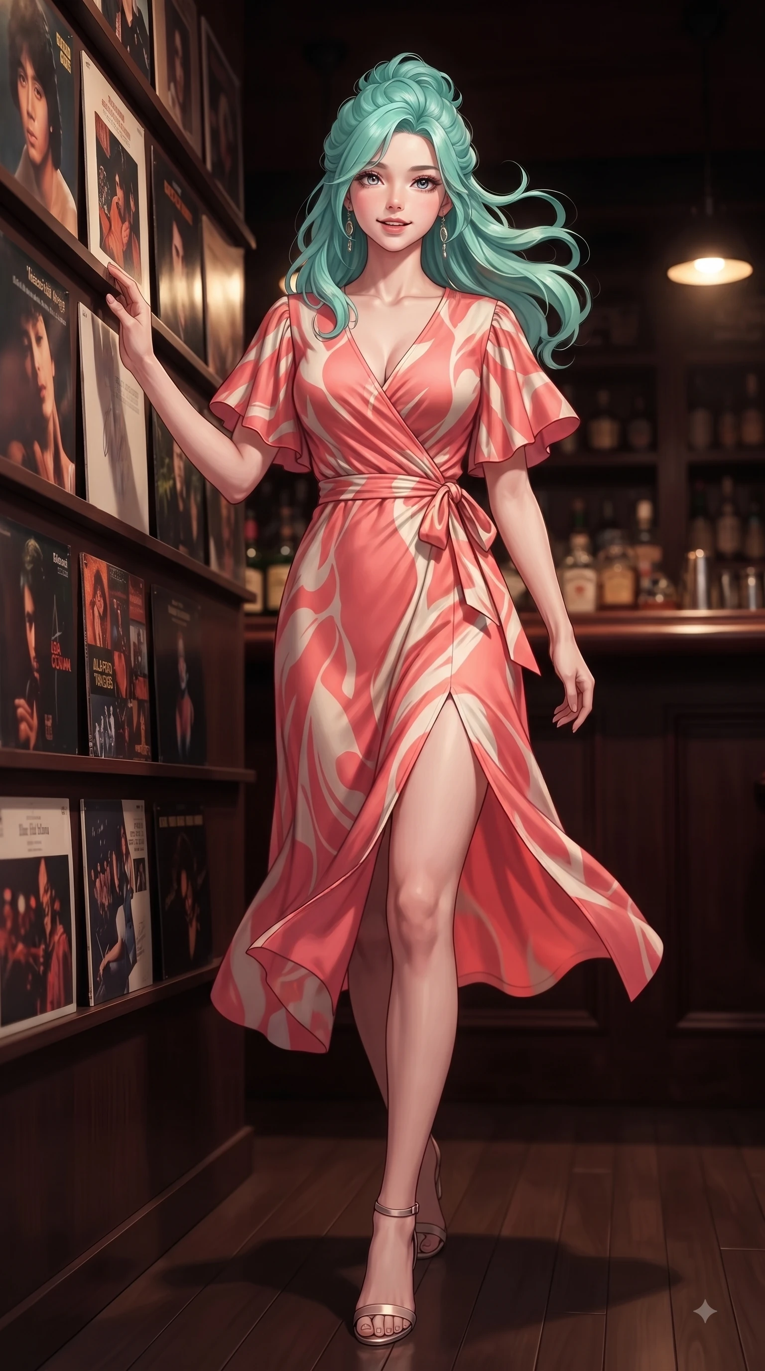 score_9, masterpiece, best quality, ultra-detailed, high-budget anime keyframe, editorial fashion photography, tasteful artistic composition, Japanese woman. low angle full-body shot from head to toe showing her feet, filling the entire 9:16 vertical frame with her statuesque presence, stretching her vertical silhouette. stepping forward gracefully in mid-motion with a delighted cute expression, displaying her statuesque model proportions while leaning against a wall lined with classic vinyl album covers under warm spotlights. The composition keeps background elements in soft focus with dreamy bokeh. rich mahogany bar counters blurred smoothly behind her feminine posture. She has an absolutely perfect, statuesque 8.5-heads proportion, an exceptionally tall and slender model-like female figure with impossibly long slender legs and an ultra-slim waist. sharp v-shaped jawline, high-bridge nose, intricate jewel-like eyes with depth, thick eyelashes, glossy lips with a natural sheen, flawlessly proportioned anatomical accuracy, natural body alignment, perfectly sculpted elegant limbs, clean dynamic posture without body distortion. wearing an elegant V-neck silk wrap dress with fluttery short sleeves and a cinched waist in vibrant coral pink and pure ivory, made of premium stretch jersey that follows her curves like a glove, featuring a sleek side leg slit ascending to mid-thigh, the sleek second-skin texture accentuating her magnetic presence. illuminated by cozy directional spotlights and rich mahogany reflections. ultra-reflective glossy finish, specular highlights, metallic sheen, high-contrast stereoscopic depth, volumetric dynamic lighting, 2k, ultra detail, master piece, 9:16 ratio