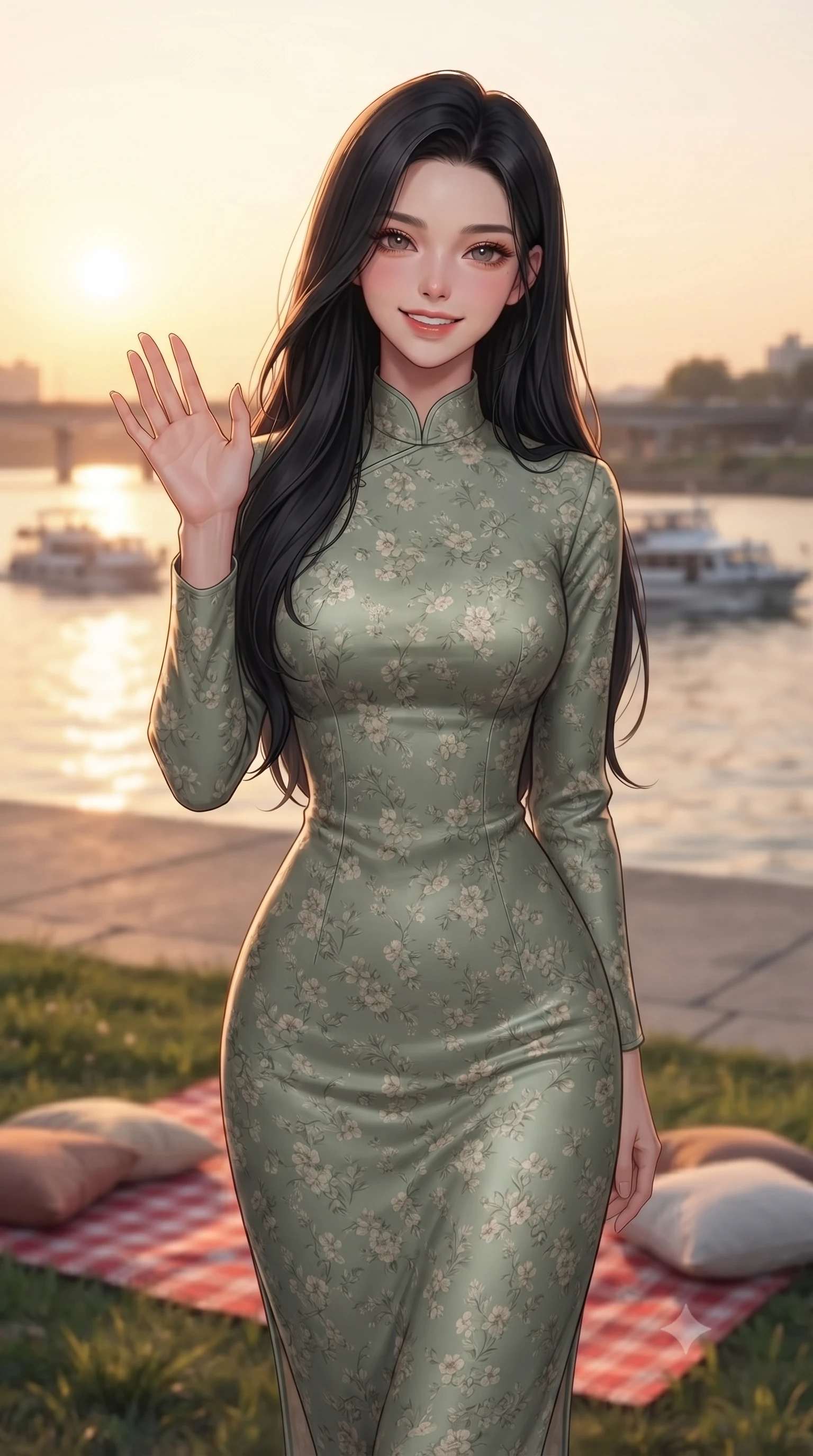 score_9, masterpiece, best quality, ultra-detailed, high-budget anime keyframe, editorial fashion photography, tasteful artistic composition, Korean woman. close-up cowboy shot from the waist and thighs up, the character dominates the composition, filling the frame with her large presence, background elements kept in soft focus. flashing a sweet, beaming smile while waving one hand gently toward the camera set against a soft-focus background of on a concrete river embankment overlooking passing leisure boats with a red checkered picnic blanket and pillows arranged on the grass. She has an exceptionally elegant, slender, and willowy female figure with an ultra-slim waist, a gracefully sculpted slender torso, and a refined silhouette. sharp v-shaped jawline, high-bridge nose, intricate jewel-like eyes with depth, thick eyelashes, glossy lips with a natural sheen. wearing slim-fit lovely floral print midi dress in sage green, featuring a high collar and long sleeves. warm golden hour sunset light reflecting off the calm river surface. ultra-reflective glossy finish, specular highlights, metallic sheen, high-contrast stereoscopic depth, volumetric dynamic lighting, 2k, ultra detail, master piece, 9:16 ratio