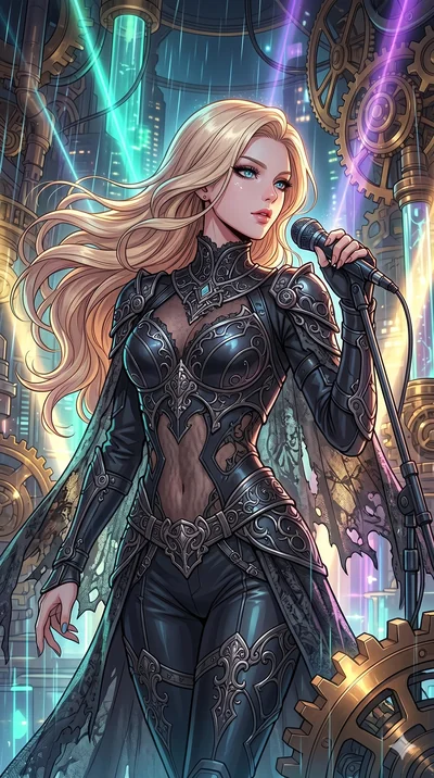 score_9, masterpiece, best quality, ultra-detailed, high-budget anime movie keyframe, cinematic anime lighting, intricate line art, Korean woman. Medium shot of upper body capturing the intricate details of her high-fashion attire. singing on a laser