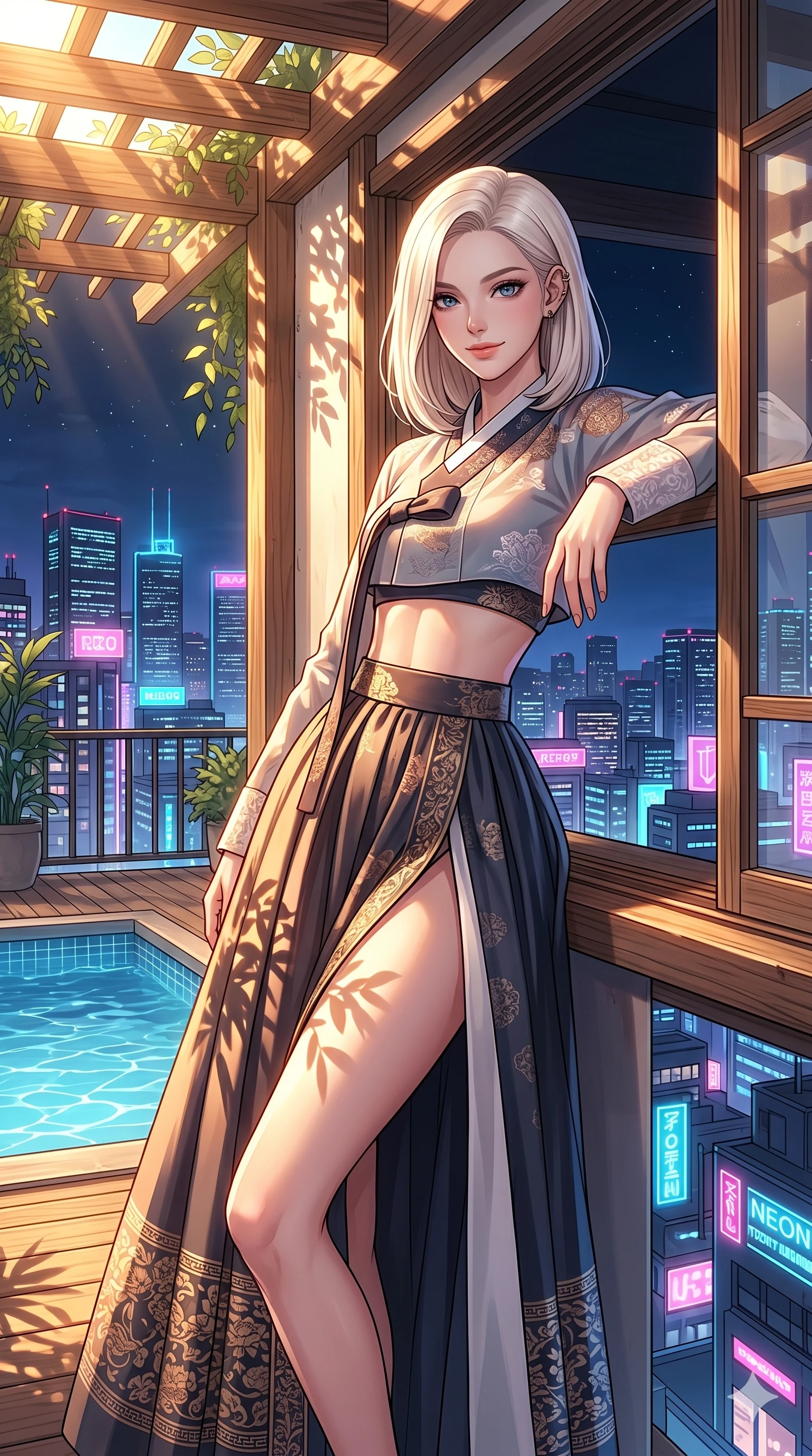score_9, masterpiece, best quality, ultra-detailed, high-budget anime keyframe, editorial fashion photography, tasteful artistic composition, Caucasian woman, strictly human ears. cowboy shot from the thighs up, character and outfit filling the frame for maximum editorial presence. leaning against the wooden window frame, looking at the viewer with a soft smile on a private rooftop pool deck overlooking a glowing neon city at night (Code-P18-124). She has an absolutely perfect 8-heads proportion, an exceptionally tall and slender female figure with impossibly long slender legs and an ultra-slim waist. V-shaped jawline, high-bridge nose, intricate jewel-like eyes with depth, thick eyelashes, glossy lips with a natural sheen. wearing a fusion hanbok with exposed waist and high-slit. drenched in brilliant morning sunshine, casting long warm highlights and leaf patterns. 2k, ultra detail, master piece, 9:16 ratio