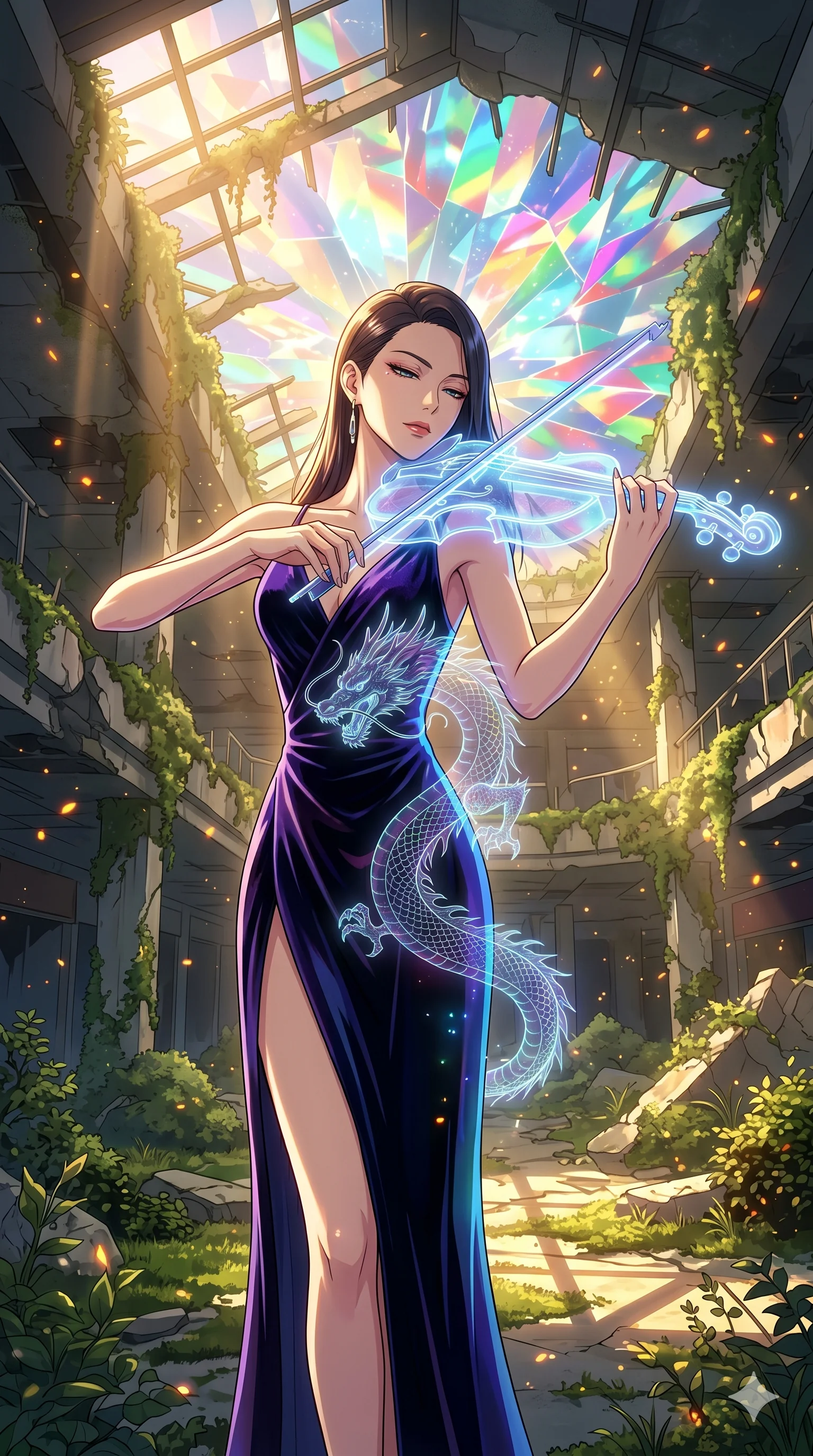 score_9, masterpiece, best quality, ultra-detailed, Set A: High-budget Anime Keyframe, Japanese woman. Upper body close-up from the thighs up, character filling the screen for maximum presence. Theme: Ethereal Dream. playing a holographic violin in a ruined overgrown shopping mall, with a look of serene power as the sky splits into 188 colors. The atmosphere is filled with golden hour with floating embers. She has an absolutely perfect 8-heads proportion, an exceptionally tall and slender female figure with impossibly long slender legs and an ultra-slim waist. Sharp v-shaped jawline, high-bridge nose, intricate jewel-like eyes with depth, glossy lips. Wearing High-slit velvet gown with integrated holographic projection of a dragon. Cinematic lighting, vivid colors, dramatic shadows, 2k, ultra detail, master piece, 9:16 ratio