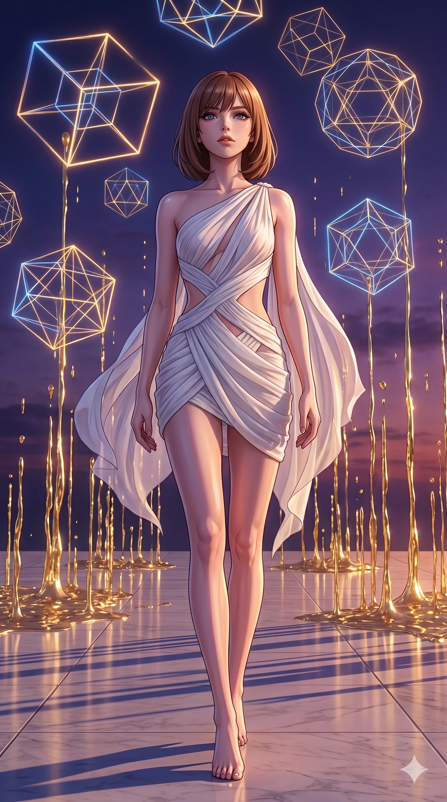 score_9, masterpiece, best quality, ultra-detailed, high-budget anime keyframe, editorial fashion photography, tasteful artistic composition, Caucasian woman, strictly human ears. upper body close-up from the thighs up, character filling the screen for maximum presence. stepping gracefully onto under an inverted gravity field where liquid gold rain rises upward from the ground while floating geometrical wireframes rotate and pulse in synch. She has an absolutely perfect 8-heads proportion, an exceptionally tall and slender female figure with impossibly long slender legs and an ultra-slim waist. V-shaped jawline, high-bridge nose, intricate jewel-like eyes with depth, thick eyelashes, glossy lips with a natural sheen.. wearing an asymmetric chiffon draped couture mini dress, featuring draped white chiffon fabric twisting around her body with elegant diamond cutouts on the waist. under a magical twilight glow casting long dramatic shadows across the clean floor. 2k, ultra detail, master piece, 9:16 ratio