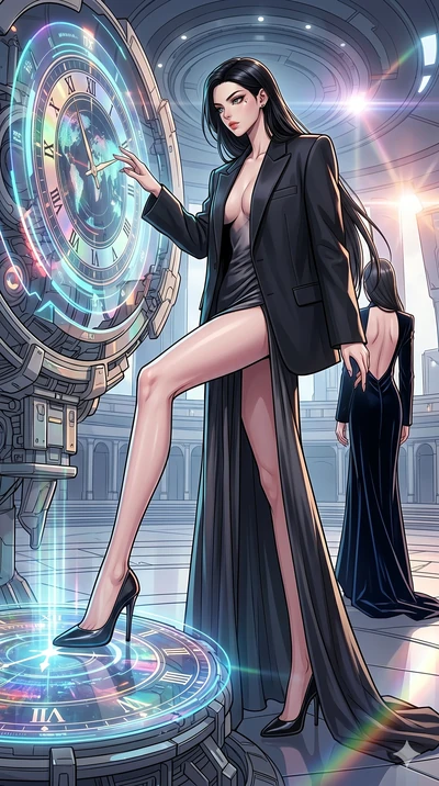 score_9, masterpiece, best quality, ultra-detailed, high-budget anime movie keyframe, cinematic anime lighting, intricate line art, Korean woman. Dynamic full-body shot stretching the vertical silhouette with extreme perspective. interfacing with a g