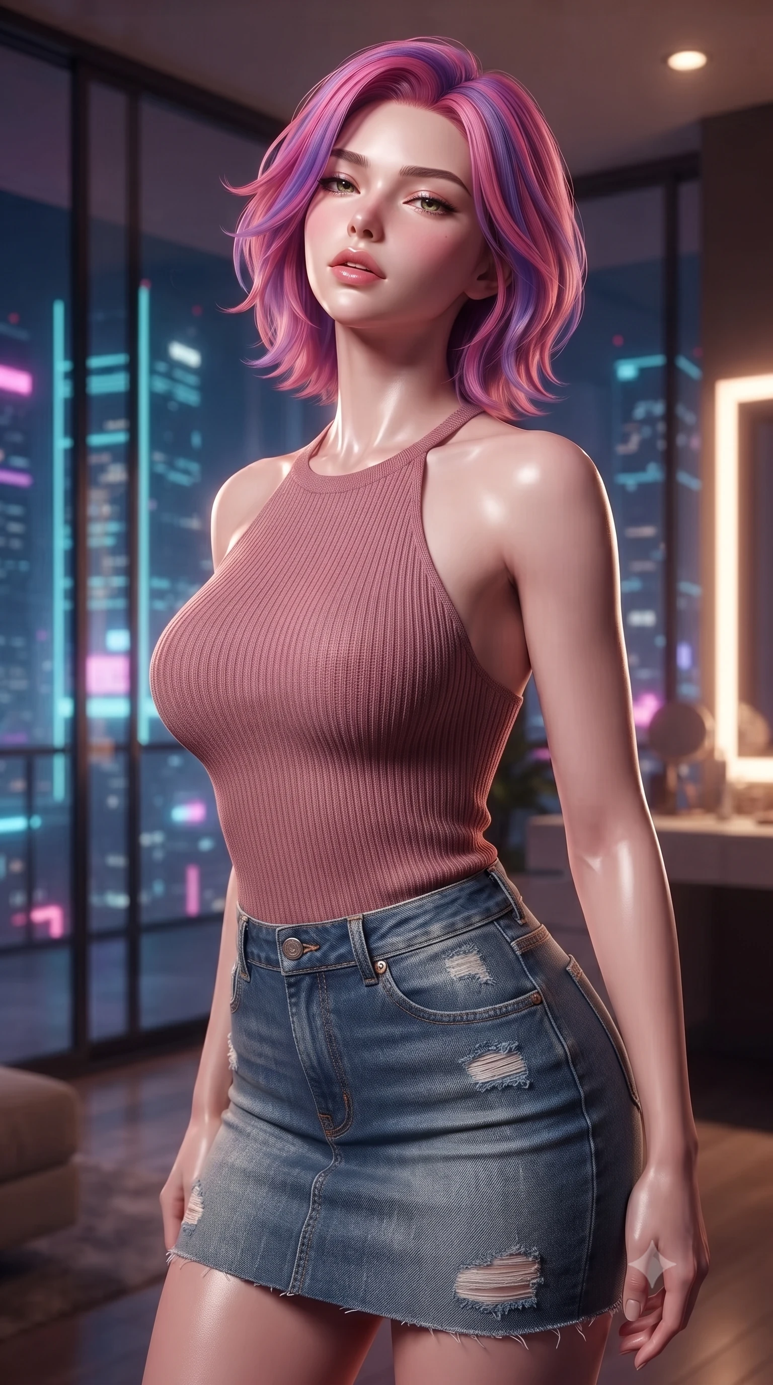 score_9, masterpiece, best quality, ultra-detailed, high-budget anime keyframe, editorial fashion photography, tasteful artistic composition, Caucasian woman. close-up cowboy shot from the waist and thighs up, the character dominates the composition, filling the frame with her large presence, background elements kept in soft focus. tilting her chin up slightly with lips parted in a composed, provocative expression the background shows a soft-focus a private penthouse dressing suite with floor-to-ceiling glass looking over neon towers. She has an exceptionally elegant, slender, and willowy female figure with an ultra-slim waist, a gracefully sculpted slender torso, and a refined silhouette. sharp v-shaped jawline, high-bridge nose, intricate jewel-like eyes with depth, thick eyelashes, glossy lips with a natural sheen. wearing a form-contouring form-fitting ribbed knit halter top in dusty rose, paired with a tight-fitting denim skirt. warm interior vanity light contrasting with the neon blue city grid outside. ultra-reflective glossy finish, specular highlights, metallic sheen, high-contrast stereoscopic depth, volumetric dynamic lighting, 2k, ultra detail, master piece, 9:16 ratio