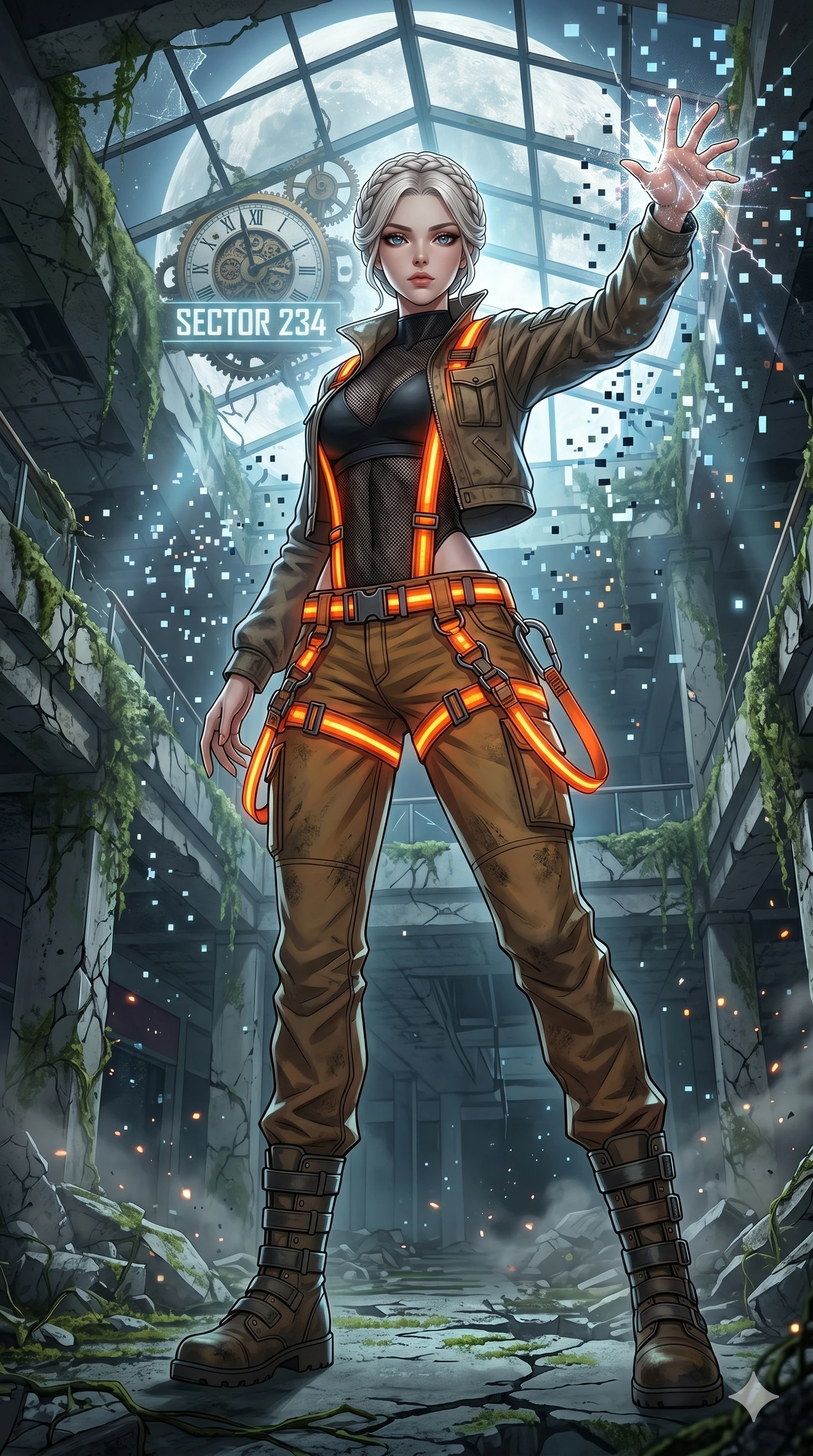 score_9, masterpiece, best quality, ultra-detailed, Set A: High-budget Anime Keyframe, Caucasian (human ears) woman. Low angle cowboy shot filling the entire 9:16 frame with her statuesque presence. Theme: Historical Remix. shattering the fabric of reality in a ruined overgrown shopping mall, with a massive clockwork moon ticking behind her as sector 234. The atmosphere is filled with a blizzard of digital pixels. She has an absolutely perfect 8-heads proportion, an exceptionally tall and slender female figure with impossibly long slender legs and an ultra-slim waist. Sharp v-shaped jawline, high-bridge nose, intricate jewel-like eyes with depth, glossy lips. Wearing Industrial worker-chic with a glowing orange harness over a mesh bodysuit. Cinematic lighting, vivid colors, dramatic shadows, 2k, ultra detail, master piece, 9:16 ratio