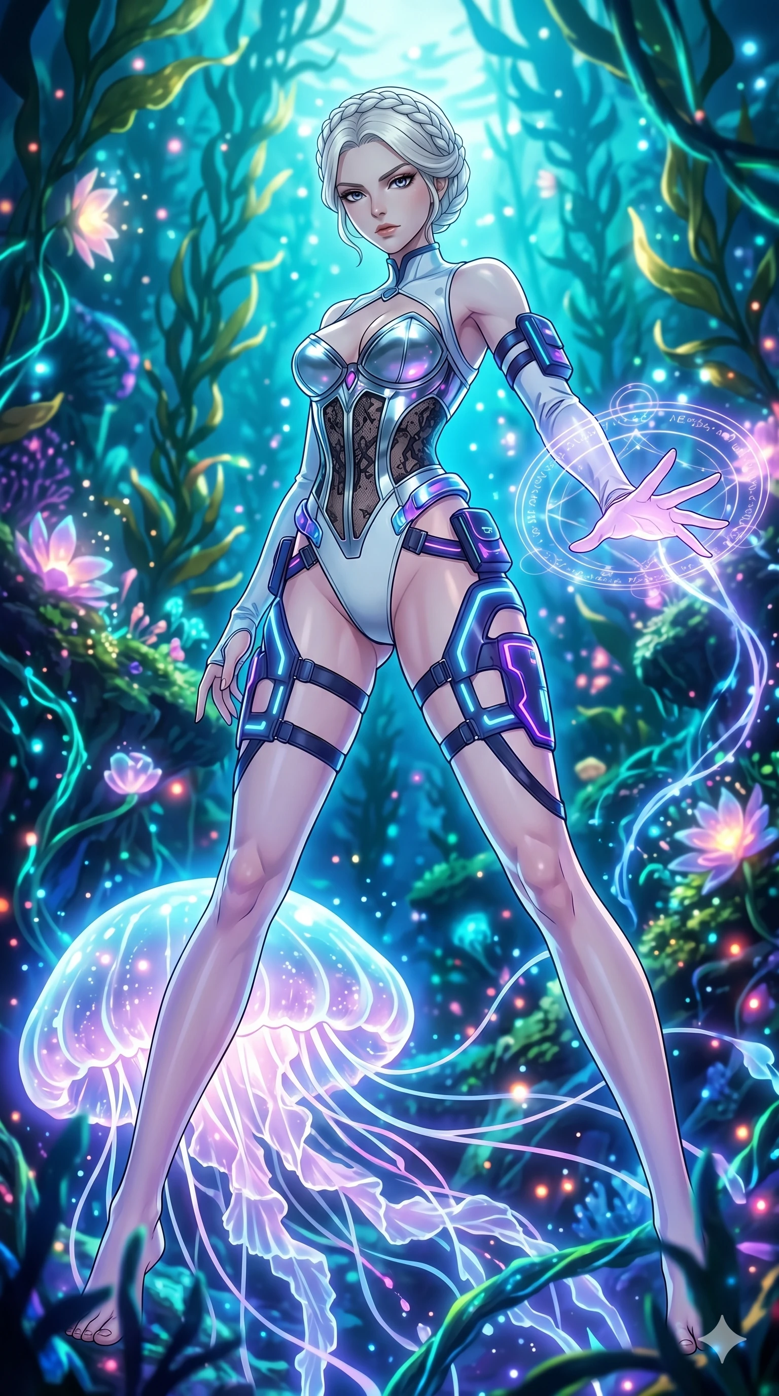 score_9, masterpiece, best quality, ultra-detailed, High-budget Anime Keyframe, vibrant colors, fluid line-art, expressive lighting, cinematic composition, Ufotable-style visual effects, top-tier animation quality, Caucasian woman with pale skin and refined features. Dynamic full-body shot stretching the vertical silhouette, capturing her from a powerful low-angle perspective. Guiding a massive bioluminescent jellyfish through a forest of glowing kelp. She has an absolutely perfect 8-heads proportion, an exceptionally tall and slender female figure with impossibly long slender legs and an ultra-slim waist, her statuesque height and towering silhouette dominating the vertical 9:16 frame. Her face is a masterpiece featuring a sharp v-shaped jawline, high-bridge nose, intricate jewel-like eyes with depth, thick eyelashes, and glossy lips with a natural sheen. She is wearing a Asymmetrical high-cut tech-bodysuit with detached sleeves, chrome-plated corset over sheer lace, and neon-lit tactical gear with suggestive cutouts.. The scene is set in a floating island covered in giant glowing flowers and vines of pure energy. 2k, ultra detail, master piece, 9:16 ratio