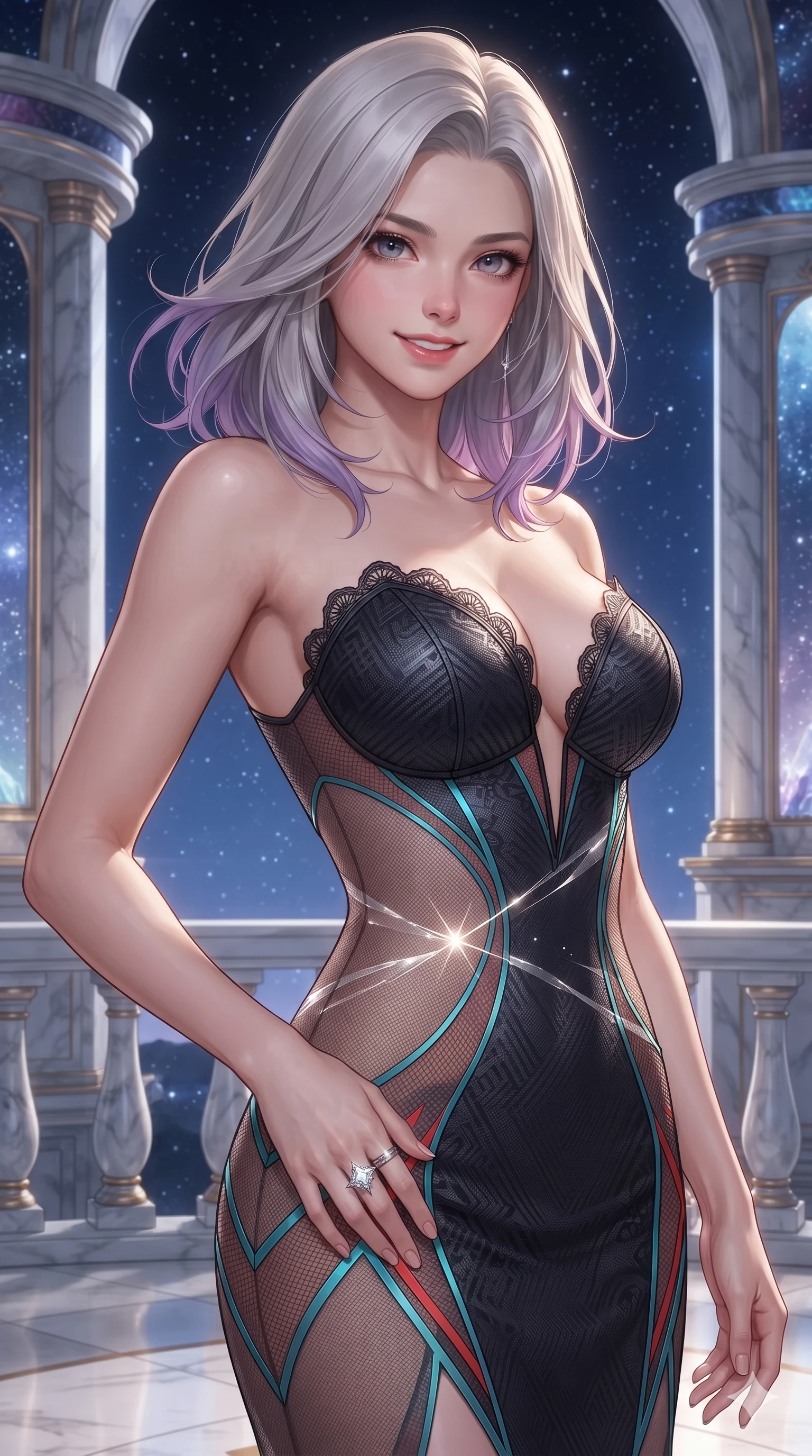 score_9, masterpiece, best quality, ultra-detailed, high-budget anime keyframe, editorial fashion photography, tasteful artistic composition, Caucasian woman. close-up cowboy shot from the waist and thighs up, the character dominates the composition, filling the frame with her large presence. turning slowly with an enchanting smoldering smile, her glossy hair tossing in the breeze as her hips angle gracefully in a captivating contrapposto while twisting her slender torso in an alluring S-curve, celestial diamond starlight and platinum ring glows casting silver light ribbons across her flat midriff and hourglass curves. The surrounding environment is rendered in vivid detail and crisp panoramic clarity: detailed evening dress tailoring, fine metallic lace trim, and monumental neoclassical celestial architecture in high resolution. She has an exceptionally elegant, slender, and willowy female figure with an ultra-slim waist, flat toned midriff, narrow ribcage, and sculpted feminine hips creating an alluring, slim hourglass silhouette without bulk. sharp v-shaped jawline, high-bridge nose, intricate jewel-like sparkling eyes with depth, thick eyelashes, glossy parted lips with a natural peach sheen, bright cheerful beaming smile with an enchanting and coquettish sensual glint, exuding both youthful cute charm and seductive allure, flawlessly proportioned anatomical accuracy, strict slender model proportions, natural body alignment, perfectly sculpted long slender limbs, ultra-slim waistline, clean dynamic posture without body distortion. wearing an alluring plunging sweetheart bodice dress with sheer mesh side-waist cutouts contouring her ribs in cyber-shinto vermilion and laser turquoise, woven from structured carbon-fiber jacquard with rich textural depth, finished with scalloped eyelash lace trim framing her sweetheart neckline with intimate elegance, the form-contouring silhouette accentuating her sculpted flat midriff, narrow delicate ribcage, and gracefully curvy hips with intoxicating allure. bathed in the unpolluted brilliant diamond sparkle of deep space starlight mixed with soft warm 2800K balcony edge lighting. ultra-reflective glossy finish, specular highlights, rich textural contrasts, high-contrast stereoscopic depth, volumetric dynamic lighting, 2k, ultra detail, master piece, 9:16 ratio