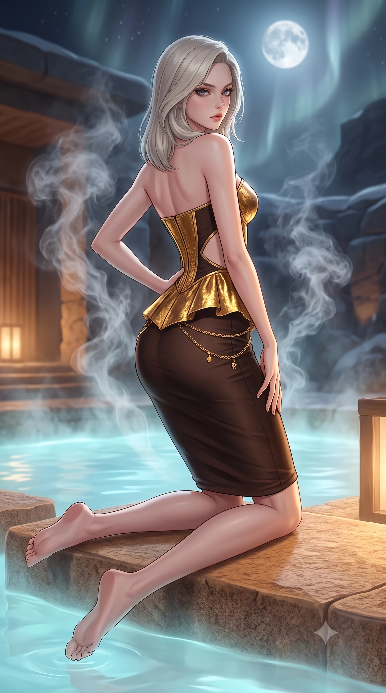 score_9, masterpiece, best quality, ultra-detailed, high-budget anime keyframe, semi-realistic 3D game render, editorial fashion photography, tasteful artistic composition, Caucasian woman. low angle full-body shot from head to toe showing her feet, filling the entire 9:16 vertical frame with her statuesque presence, stretching her vertical silhouette. posing with back turned slightly to the lens, glancing back with smoldering allure as she arches her lower back to emphasize her sculpted feminine hips and slender waist while kneeling gracefully on the warm silica stone pool step with one hand on her hip, thermal steam rising to frame her feminine silhouette. The surrounding environment is rendered in vivid detail and crisp panoramic clarity. atmospheric nocturnal geothermal chiaroscuro and otherworldly Arctic wellness sanctuary aesthetics in precision. She has an exceptionally tall and slender model-like 8.5-heads proportion, an ultra-slim waist, a flat toned midriff, narrow delicate ribcage, and beautifully sculpted feminine hips creating a graceful, slim hourglass silhouette without any bulky heaviness, with impossibly long slender legs. sharp v-shaped jawline, high-bridge nose, intricate jewel-like eyes with depth, thick eyelashes, glossy parted lips with a natural sheen, intensely captivating and seductive bedroom-eyes expression, flawlessly proportioned anatomical accuracy, strict slender model proportions, natural body alignment, perfectly sculpted long slender limbs, ultra-slim waistline, clean dynamic posture without body distortion. wearing a modern peplum corset dress with side-waist diamond cutouts and an ultra-tight silhouette in dark espresso brown and molten gold foil, made of fluid silk crepe with delicate inner corsetry boning, accented with a delicate gold chain belt resting loosely on her curvy hips, the liquid-tight tailored fabric clinging flawlessly to her narrow waist and rounded feminine hips, emphasizing every millimeter of her sculpted slim hourglass curves without any bulky heaviness. bathed in soft underwater milky-cyan LED lagoon illumination and cool silver full-moon light from above. highly saturated vibrant anime colors, detailed shading with soft gradients, rich glossy textures, high-contrast stereoscopic depth, volumetric dynamic lighting, master piece, 9:16 ratio