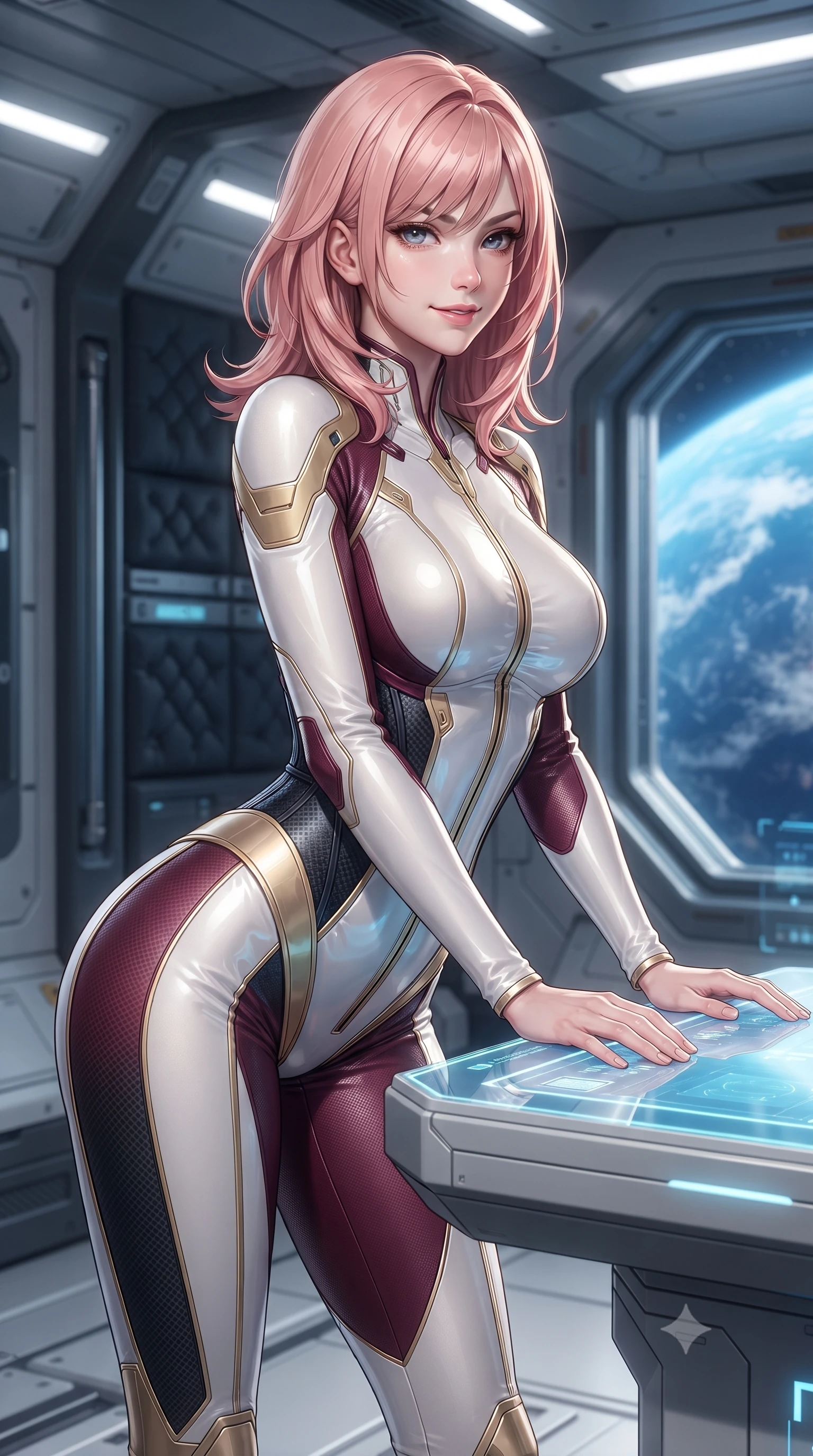 score_9, masterpiece, best quality, ultra-detailed, high-budget anime keyframe, editorial fashion photography, tasteful artistic composition, Japanese woman. close-up cowboy shot from the waist and thighs up, the character dominates the composition, filling the frame with her large presence. resting both hands lightly on the holoscreen pedestal while leaning toward the lens with a teasing smirk, her tight combat suit hugging her narrow waist and feminine hip curve while twisting her slender torso in a fluid S-curve while floating above the rotating floor, her skin-tight athletic suit hugging her hourglass curves. The surrounding environment is rendered in vivid detail and crisp panoramic clarity: sharp magnetic track rail seams, padded gym wall grip textures, and transparent window frame clarity in deep focus. She has an exceptionally elegant, slender, and willowy female figure with an ultra-slim waist, flat toned midriff, narrow ribcage, and sculpted feminine hips creating an alluring, slim hourglass silhouette without bulk. sharp v-shaped jawline, high-bridge nose, intricate jewel-like sparkling eyes with depth, thick eyelashes, glossy parted lips with a natural sheen, bright confident smile with an enchanting and coquettish sensual glint, exuding both youthful magnetic charm and sovereign high-tech allure, flawlessly proportioned anatomical accuracy, strict slender model proportions, natural body alignment, perfectly sculpted long slender limbs, ultra-slim waistline, clean dynamic posture without body distortion. wearing a form-fitting white-and-gold zero-gravity EVA jumpsuit with an ultra-slim corseted waist and exposed clavicle line in deep wine crimson and dark carbon weave, made of supple second-skin compression stretch jersey clinging flawlessly to her form, finished with delicate carbon-fiber boning framing the narrow waistline, the form-fitting tactical tailoring adhering flawlessly to her sculpted flat midriff and slender torso, emphasizing her long leg lines and perfectly proportioned willowy build. bathed in bright, clean white space-station illumination and fresh Earth-shine ambient bounce. ultra-reflective glossy finish, specular highlights, rich textural contrasts, high-contrast stereoscopic depth, volumetric dynamic lighting, 2k, ultra detail, master piece, 9:16 ratio