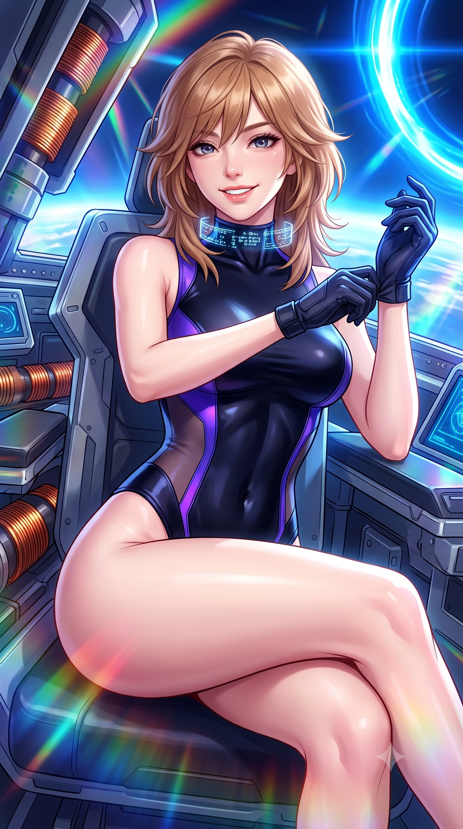 score_9, masterpiece, best quality, ultra-detailed, high-budget anime keyframe, semi-realistic 3D game render, editorial fashion photography, tasteful artistic composition, Korean woman. close-up cowboy shot from the waist and thighs up, the character dominates the composition, filling the frame with her large presence. adjusting her tactical glove with cool confidence, her bright smile capturing fresh girlhood charm while her arched torso reveals an intoxicating hip contour while lounging in the operator observation pod propped on one hand, her long slender legs and hourglass curves commanding the warp horizon. The surrounding environment is rendered in vivid detail and crisp panoramic clarity: sharp magnetic coil copper windings, launch platform structural rivets, and energy field distortion clarity in deep focus. She has an exceptionally elegant, slender, and willowy female figure with an ultra-slim waist, flat toned midriff, narrow ribcage, and sculpted feminine hips creating an alluring, slim hourglass silhouette without bulk. sharp v-shaped jawline, high-bridge nose, intricate jewel-like sparkling eyes with depth, thick eyelashes, glossy parted lips with a natural sheen, bright confident smile with an enchanting and coquettish sensual glint, exuding both youthful magnetic charm and sovereign high-tech allure, flawlessly proportioned anatomical accuracy, strict slender model proportions, natural body alignment, perfectly sculpted long slender limbs, ultra-slim waistline, clean dynamic posture without body distortion. wearing a sleeveless high-collar cyber pilot suit in liquid-look obsidian jersey with strategic sheer ventilation panels in neon electric violet and deep space obsidian, formed from supple thermal silicone composite adhering seamlessly like a second skin, complemented by a high-tech holographic choker projecting miniature glyphs, the form-fitting tactical tailoring adhering flawlessly to her sculpted flat midriff and slender torso, emphasizing her long leg lines and perfectly proportioned willowy build. bathed in radiant chromatic prism light and intense electric blue warp ring flashes. highly saturated vibrant anime colors, detailed shading with soft gradients, rich glossy textures, high-contrast stereoscopic depth, volumetric dynamic lighting, master piece, 9:16 ratio