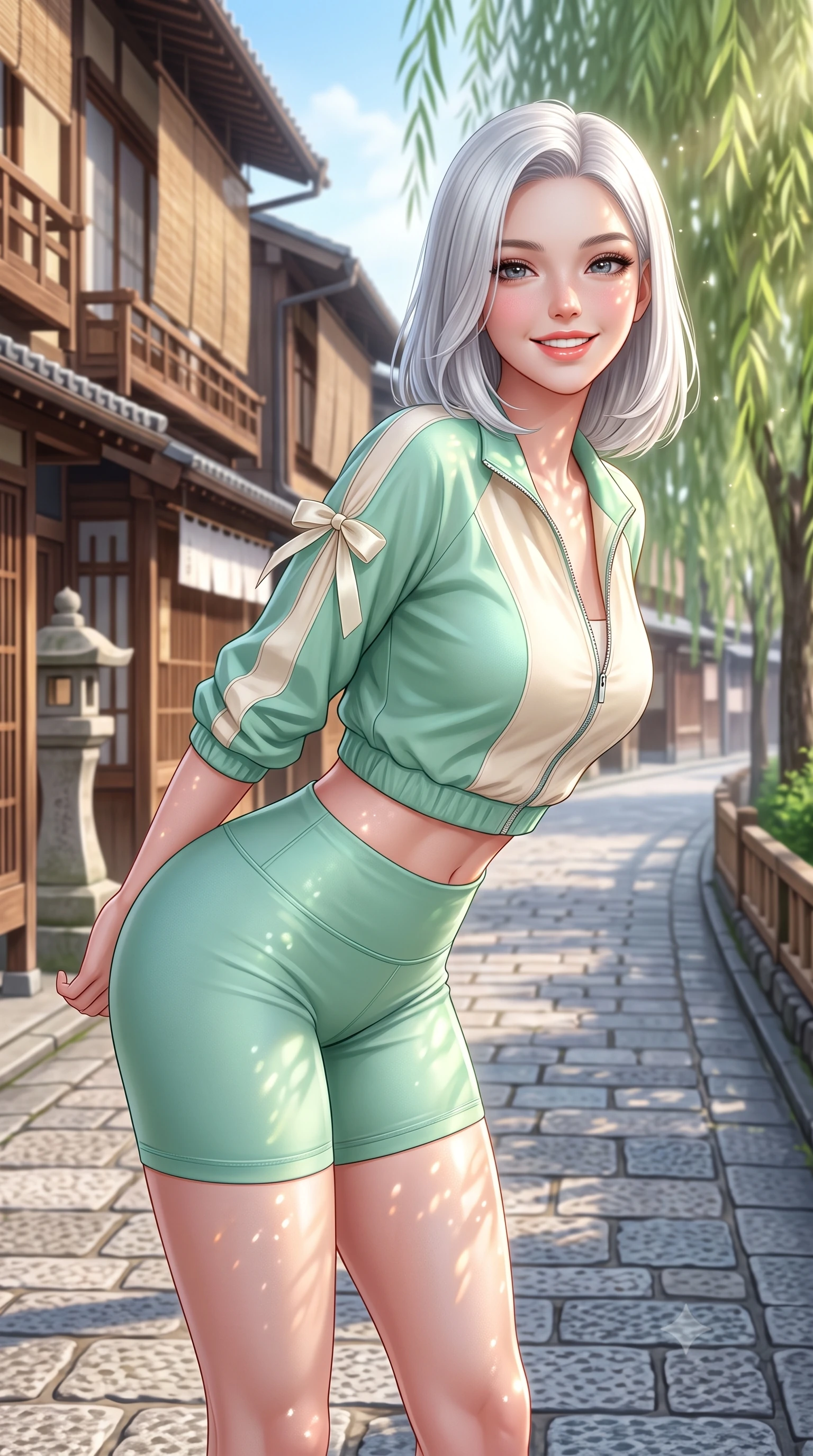 score_9, masterpiece, best quality, ultra-detailed, high-budget anime keyframe, semi-realistic 3D game render, editorial fashion photography, tasteful artistic composition, Korean woman. close-up cowboy shot from the waist and thighs up, the character dominates the composition, filling the frame with her large presence. leaning forward with playful cute grace while arching her lower back to accentuate her curvy hips, looking into the camera with a bright cheerful smile and alluring coquettish bedroom-eyes while standing poised on the cobblestone canal path beside historic wooden machiya teahouses, twisting her slender torso in an alluring contrapposto stance. The surrounding environment is rendered in vivid detail and crisp panoramic clarity. detailed silk dress weave, dappled sunbeams on skin, and Gion Shirakawa architecture in high resolution. She has an exceptionally elegant, slender, and willowy female figure with an ultra-slim waist, flat toned midriff, narrow ribcage, and sculpted feminine hips creating an alluring, slim hourglass silhouette without bulk. sharp v-shaped jawline, high-bridge nose, intricate jewel-like sparkling eyes with depth, thick eyelashes, glossy parted lips with a natural peach sheen, bright cheerful beaming smile with an enchanting and coquettish sensual glint, exuding both youthful cute charm and seductive allure, flawlessly proportioned anatomical accuracy, strict slender model proportions, natural body alignment, perfectly sculpted long slender limbs, ultra-slim waistline, clean dynamic posture without body distortion. wearing a sporty chic zip-up crop jacket paired with high-waisted biker shorts clinging to her athletic hips in refreshing mint green and soft vanilla cream, tailored from fine lightweight chiffon that flutters gently in the breeze, finished with cute satin bow ribbons tying at the shoulders, the form-fitting cut adhering flawlessly to her sculpted flat midriff and slender torso, emphasizing her long leg lines and perfectly proportioned willowy build. bathed in soft, sparkling morning sunbeams filtering through willow fronds onto the canal. highly saturated vibrant anime colors, detailed shading with soft gradients, rich glossy textures, high-contrast stereoscopic depth, volumetric dynamic lighting, master piece, 9:16 ratio