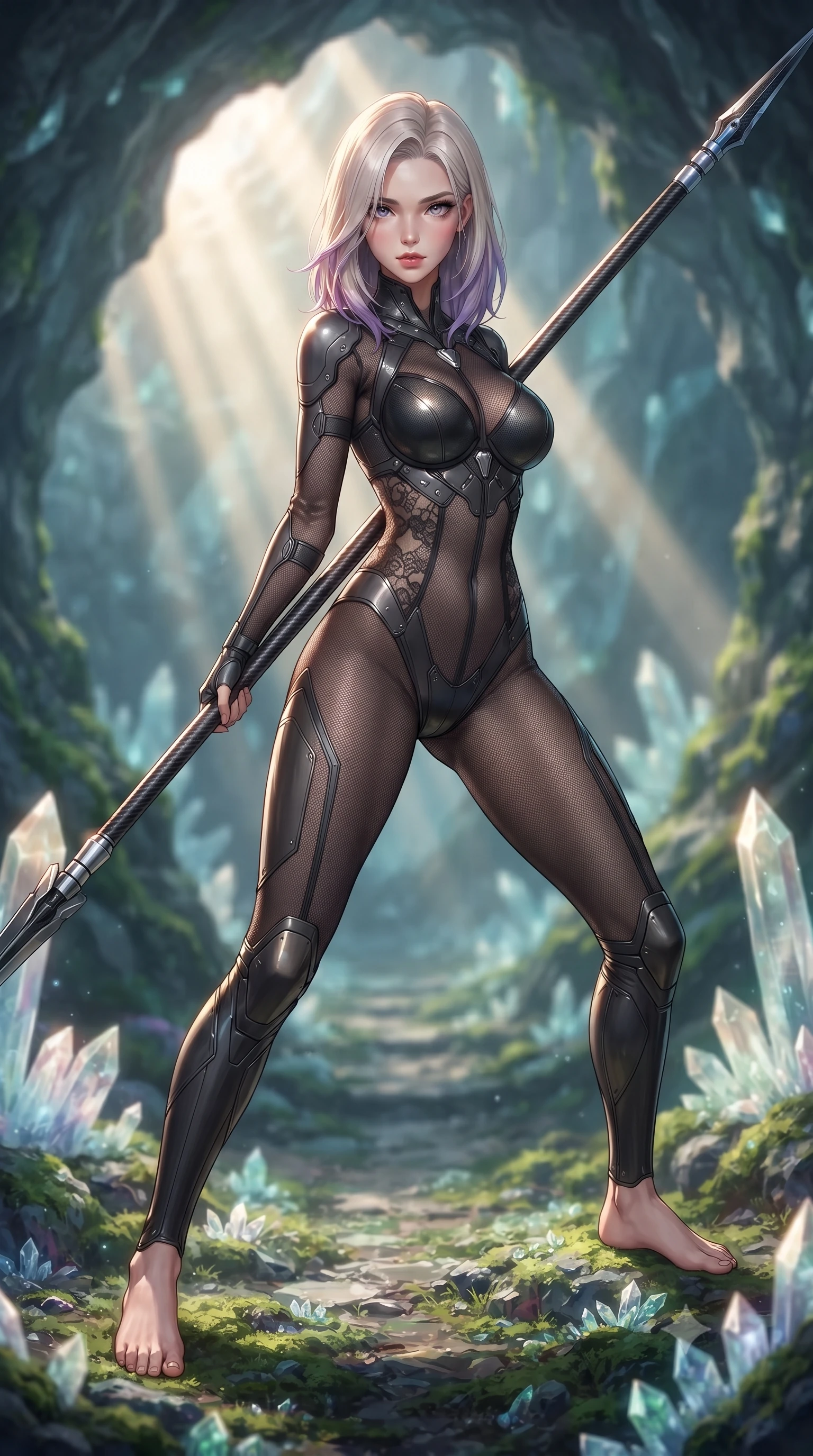 score_9, masterpiece, best quality, ultra-detailed, high-budget anime keyframe, editorial fashion photography, tasteful artistic composition, Caucasian woman. low angle full-body shot from head to toe showing her feet, filling the entire 9:16 vertical frame with her statuesque presence, stretching her vertical silhouette. standing in a dynamic combat stance with a carbon-fiber spear held diagonally, stretching her statuesque body, the background shows a soft-focus a cavern crystal path bordered by sharp quartz formations and moss. She has an absolutely perfect, statuesque 8.5-heads proportion, an exceptionally tall and slender model-like female figure with impossibly long slender legs and an ultra-slim waist. sharp v-shaped jawline, high-bridge nose, intricate jewel-like eyes with depth, thick eyelashes, glossy lips with a natural sheen. wearing a form-contouring semi-opaque dark mesh catsuit with carbon-plated cups and fine lace-pattern panels across her torso. stark afternoon sunbeams slicing through a cave opening, creating sharp shadows. ultra-reflective glossy finish, specular highlights, metallic sheen, high-contrast stereoscopic depth, volumetric dynamic lighting, 2k, ultra detail, master piece, 9:16 ratio