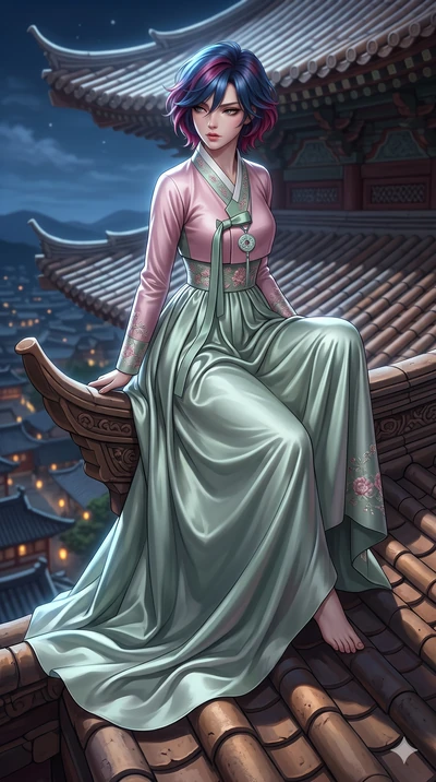 Korean woman. low angle full-body shot from head to toe showing her feet, fil.