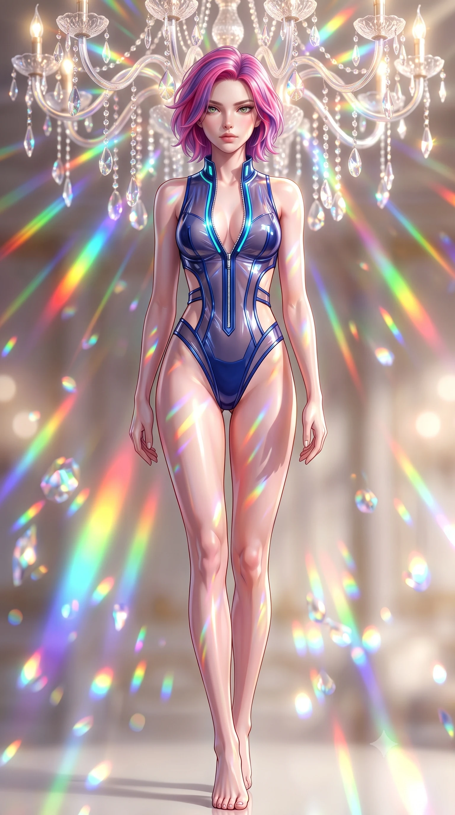 score_9, masterpiece, best quality, ultra-detailed, high-budget anime keyframe, semi-realistic 3D game render, editorial fashion photography, tasteful artistic composition, Caucasian woman. low angle full-body shot from head to toe showing her feet, filling the entire 9:16 vertical frame with her statuesque presence, stretching her vertical silhouette. striding forward in a proud, statuesque motion with a dangerous smolder, her vertical silhouette dominating the frame from head to toe while pausing beneath a crystal chandelier refracting sunlight into dazzling rainbow rays across her skin. The composition keeps background elements in soft focus with creamy bokeh. vibrant rainbow spectrum light beams and crystal facets blurred into dazzling prismatic bokeh. She has an absolutely perfect, statuesque 8.5-heads proportion, an exceptionally tall and slender model-like female figure with impossibly long slender legs, a toned flat midriff, and an ultra-slim waist. sharp v-shaped jawline, high-bridge nose, intricate jewel-like eyes with depth, thick eyelashes, glossy lips with a natural sheen, flawlessly proportioned anatomical accuracy, strict slender model proportions, natural body alignment, perfectly sculpted long slender limbs, ultra-slim waistline, clean dynamic posture without body distortion. wearing a high-cut translucent vinyl leotard with front paneling, exposed side-rib cutouts, and an open back in deep royal navy blue and specular chrome, tailored from semi-translucent cybernetic vinyl with glowing micro-filaments, featuring a dangerously unzipped neckline framed by glowing cybernetic accents, the liquid-tight tailored fabric emphasizing every curve of her tall, slender model proportions and sculptured silhouette during dynamic movement. surrounded by a hyper-creative, radiant, and fiercely chic modern fashion editorial aura. highly saturated vibrant anime colors, detailed shading with soft gradients, rich glossy textures, high-contrast stereoscopic depth, volumetric dynamic lighting, master piece, 9:16 ratio